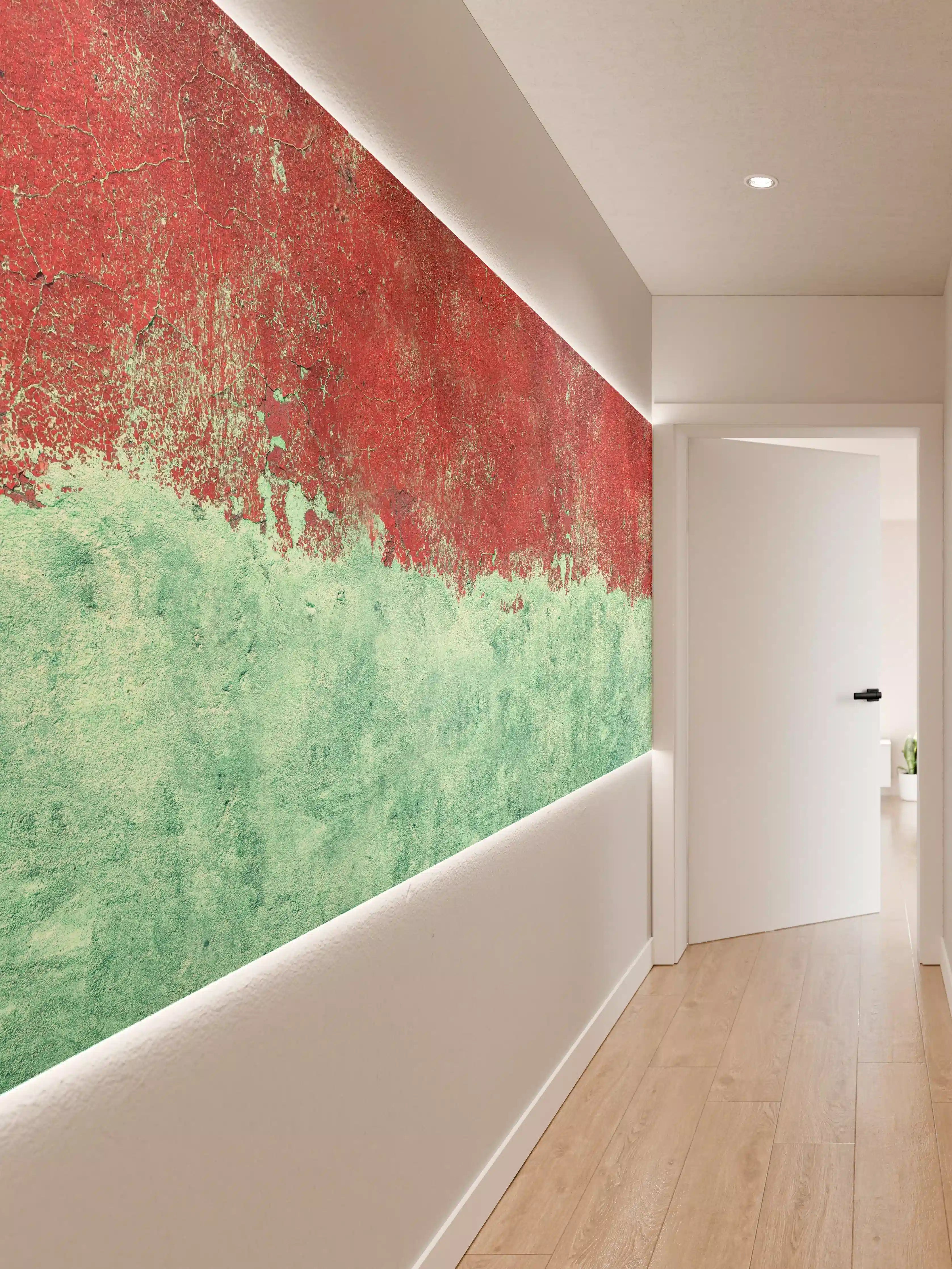Wandverkleidung Flur - Türkis-rote Wand im Grunge-Stil