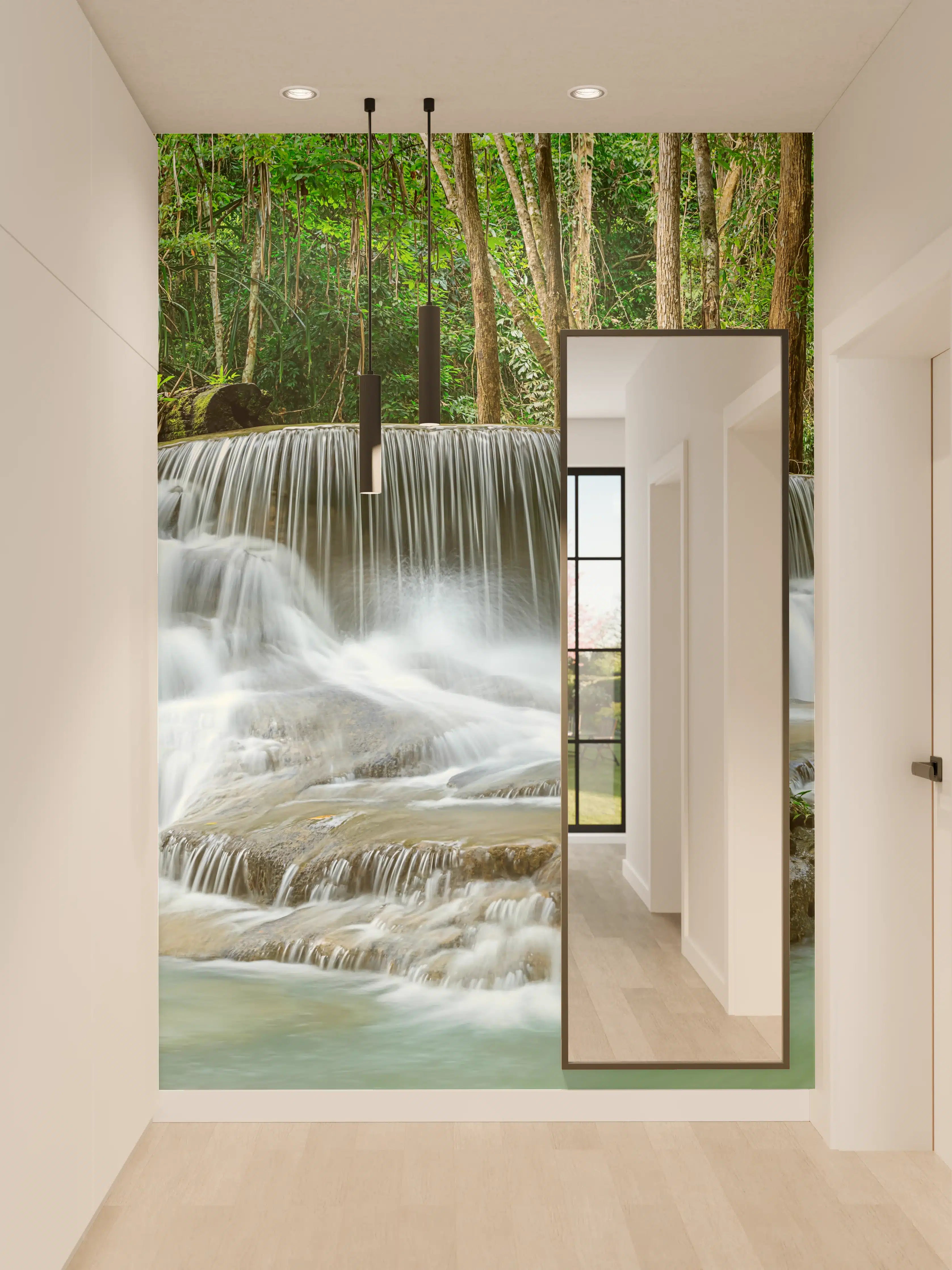 Wandverkleidung Flur - Türkisgrüner Wasserfall im Wald