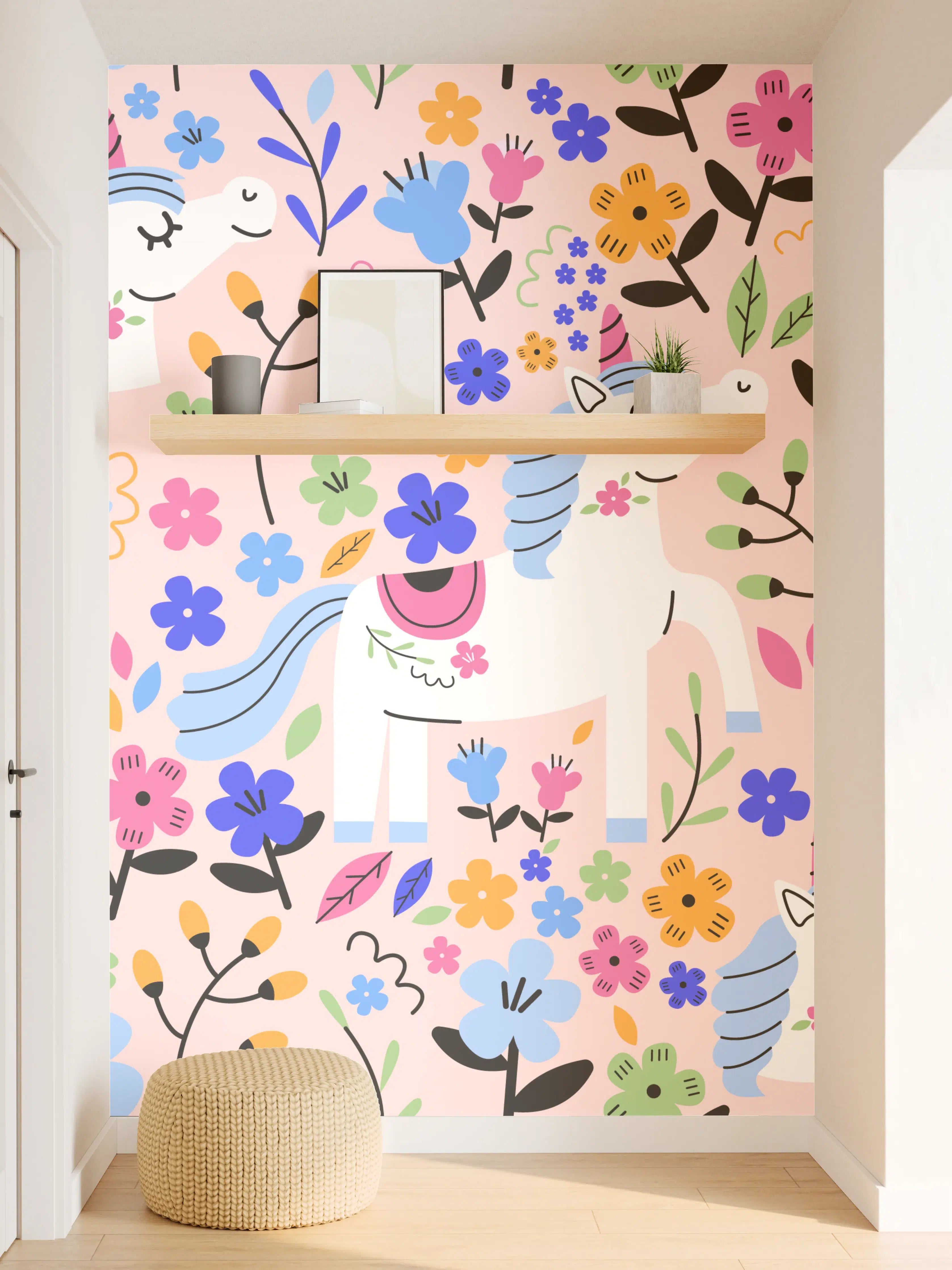 Wandverkleidung Flur - Verspieltes Einhorn mit bunten Blumen