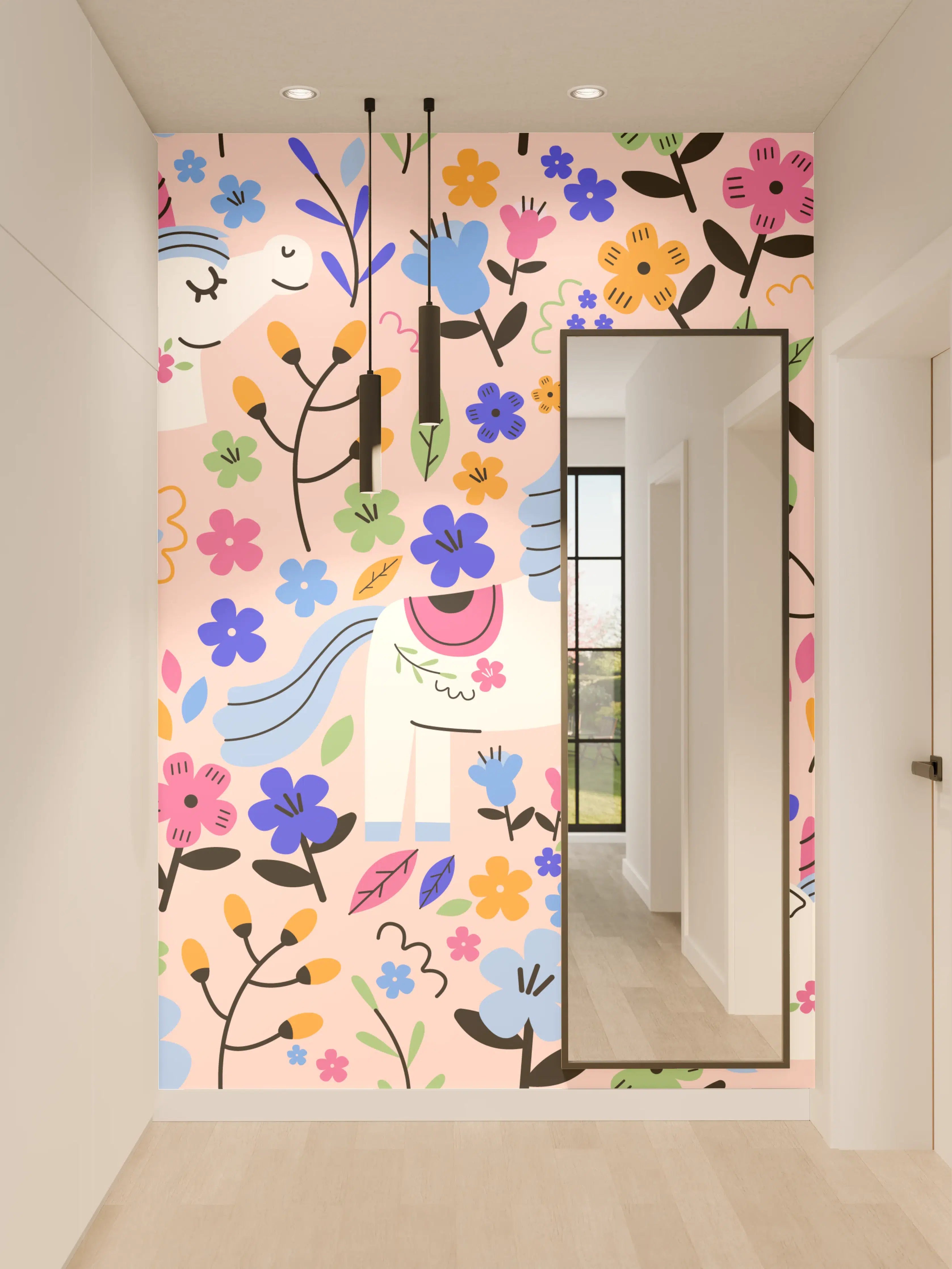 Wandverkleidung Flur - Verspieltes Einhorn mit bunten Blumen