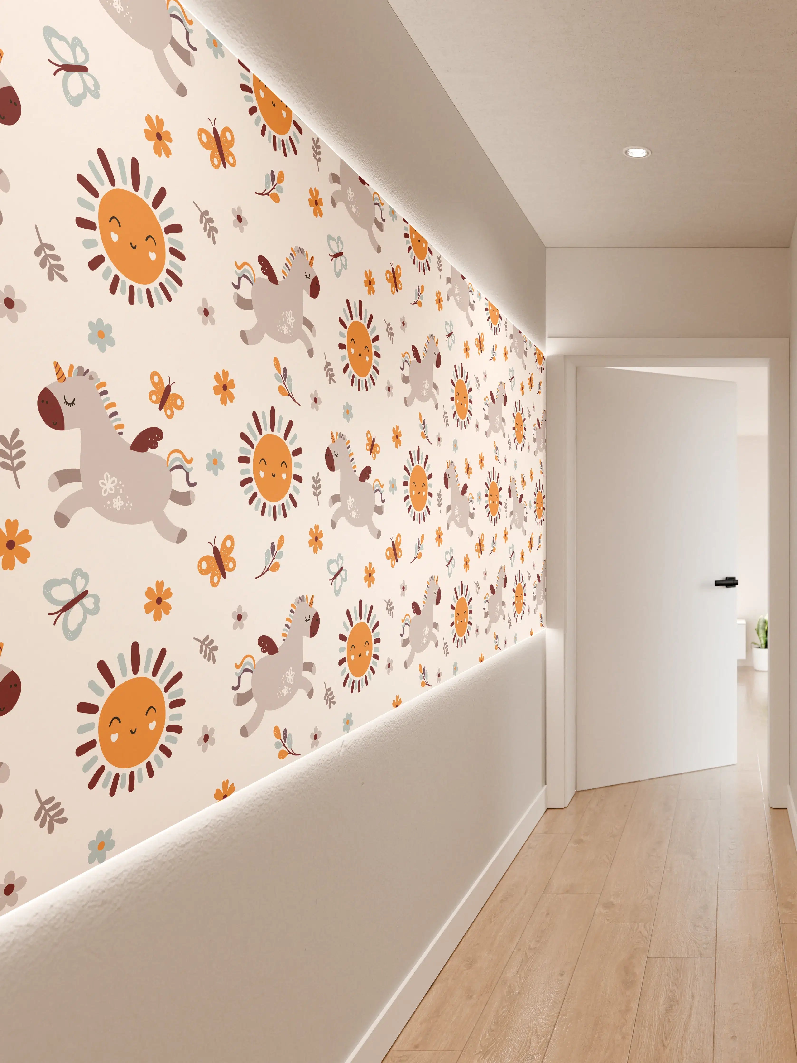 Wandverkleidung Flur - Verspieltes Kinderwagen-Motiv mit Sonnen, Drachen und Blumen