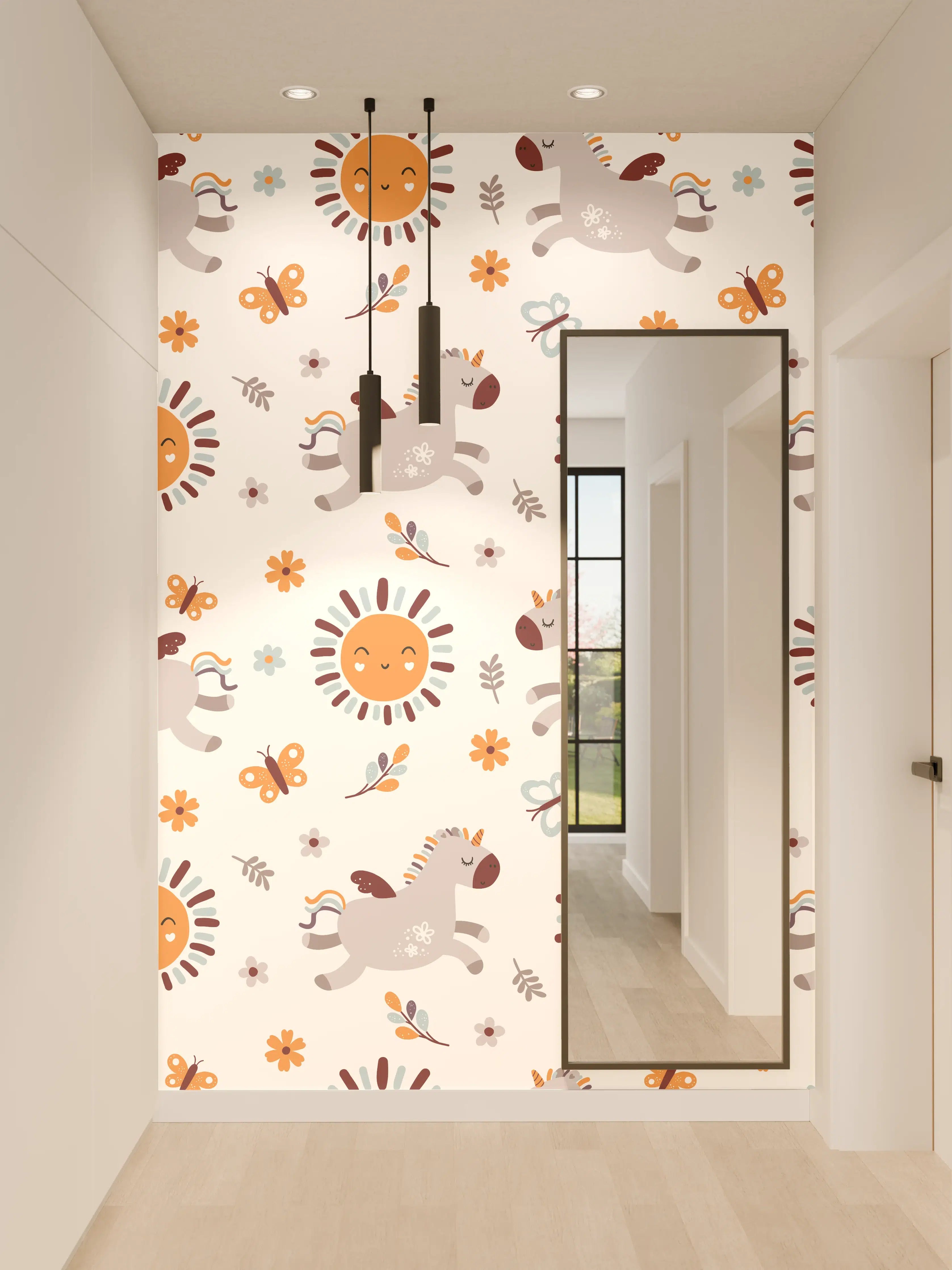 Wandverkleidung Flur - Verspieltes Kinderwagen-Motiv mit Sonnen, Drachen und Blumen