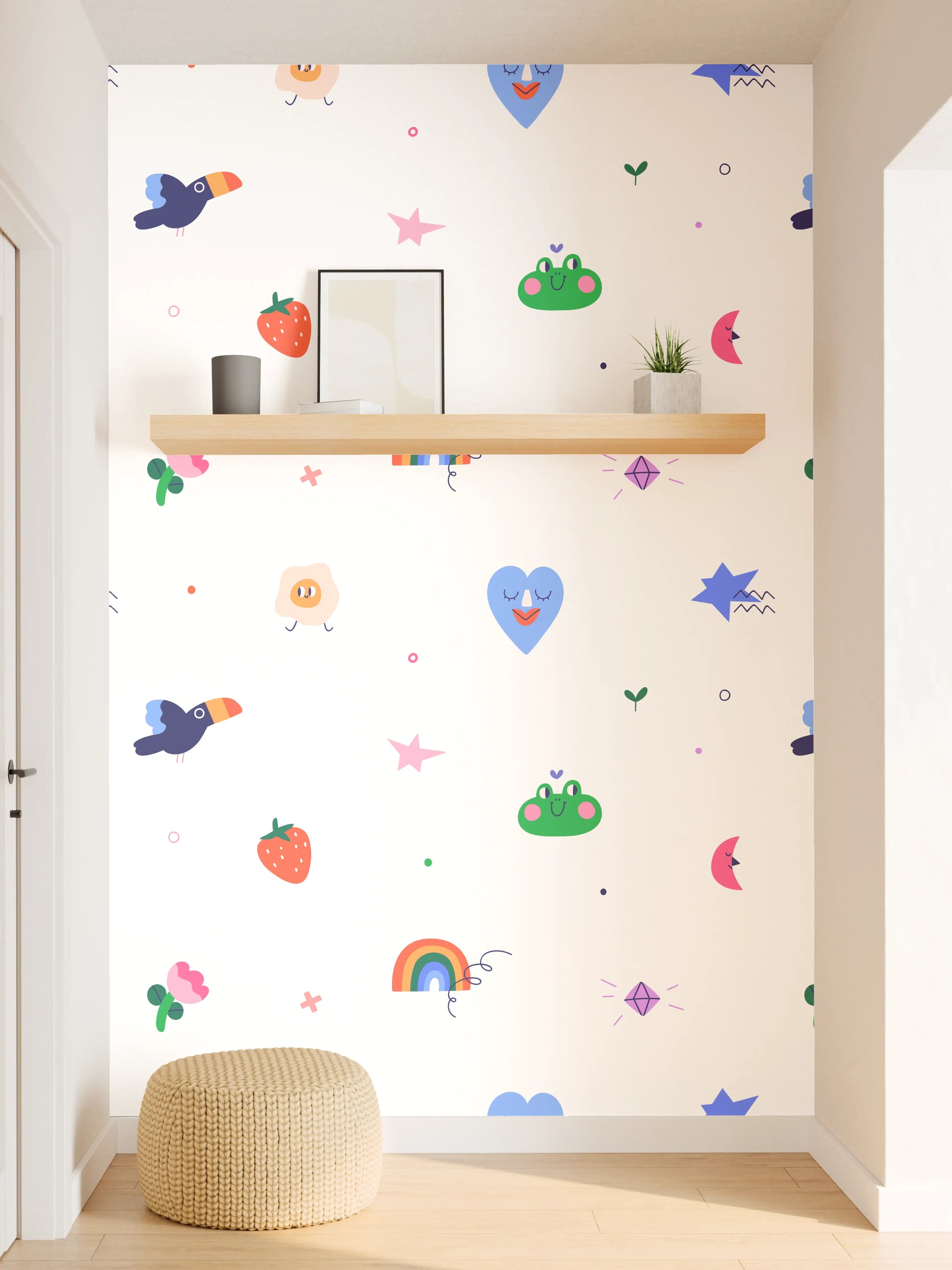 Wandverkleidung Flur - Verspieltes Muster mit Tieren und Regenbögen