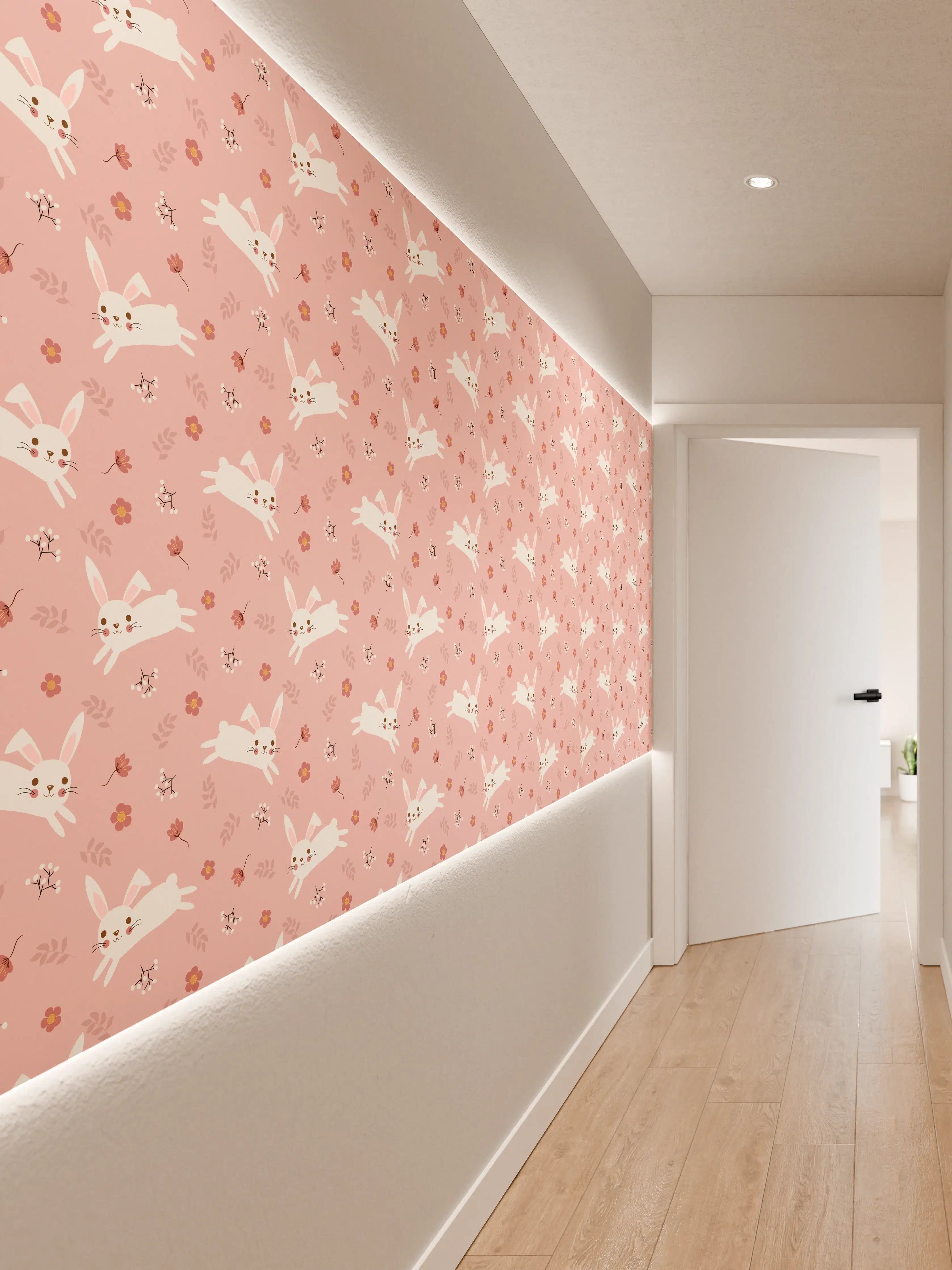 Wandverkleidung Flur - Verspieltes Muster mit kleinen weiß-rosa Hunden