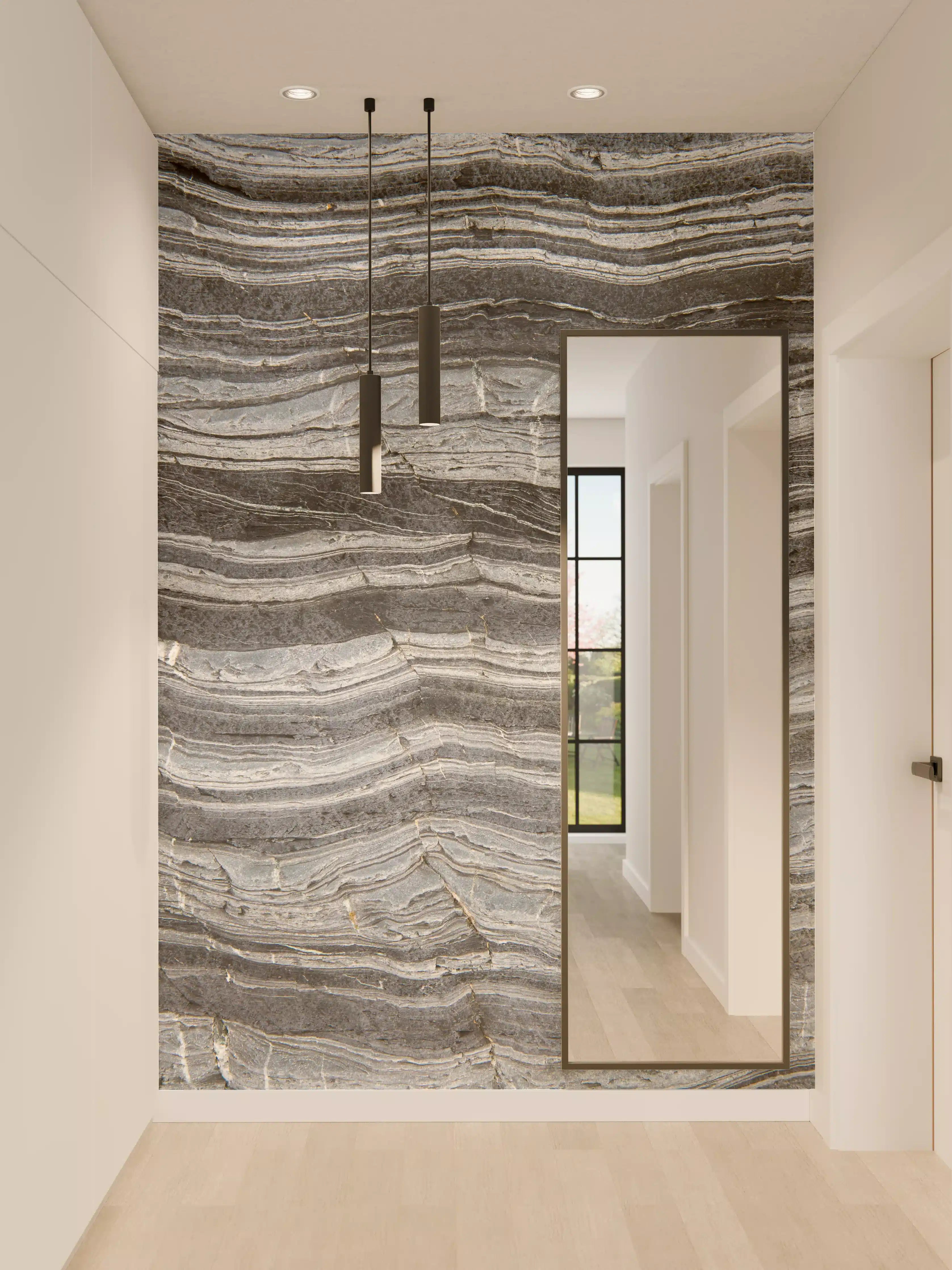Wandverkleidung Flur - Versteinerte Sedimentschichten in Grau