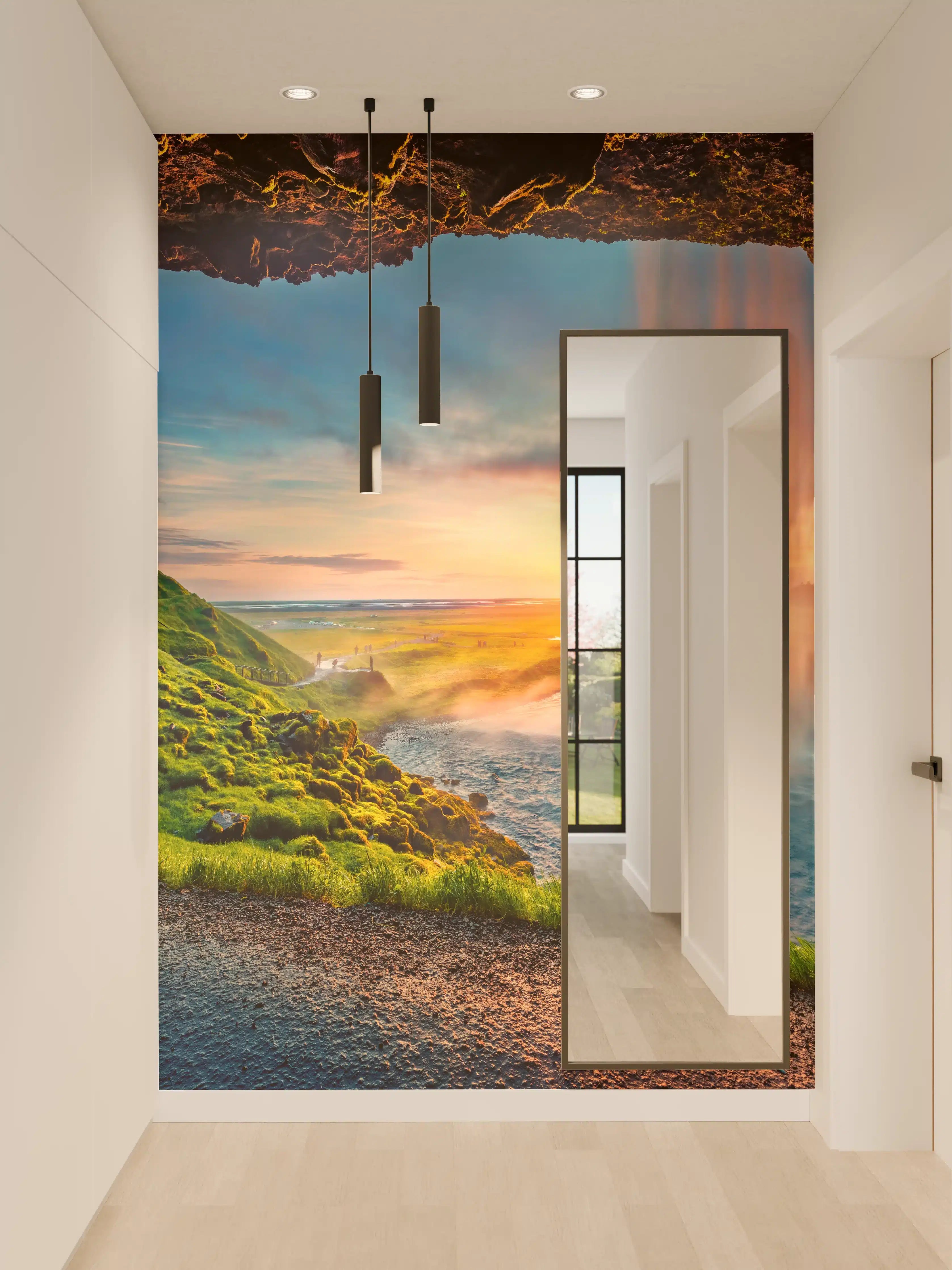 Wandverkleidung Flur - Verzaubernder Wasserfall bei Sonnenuntergang