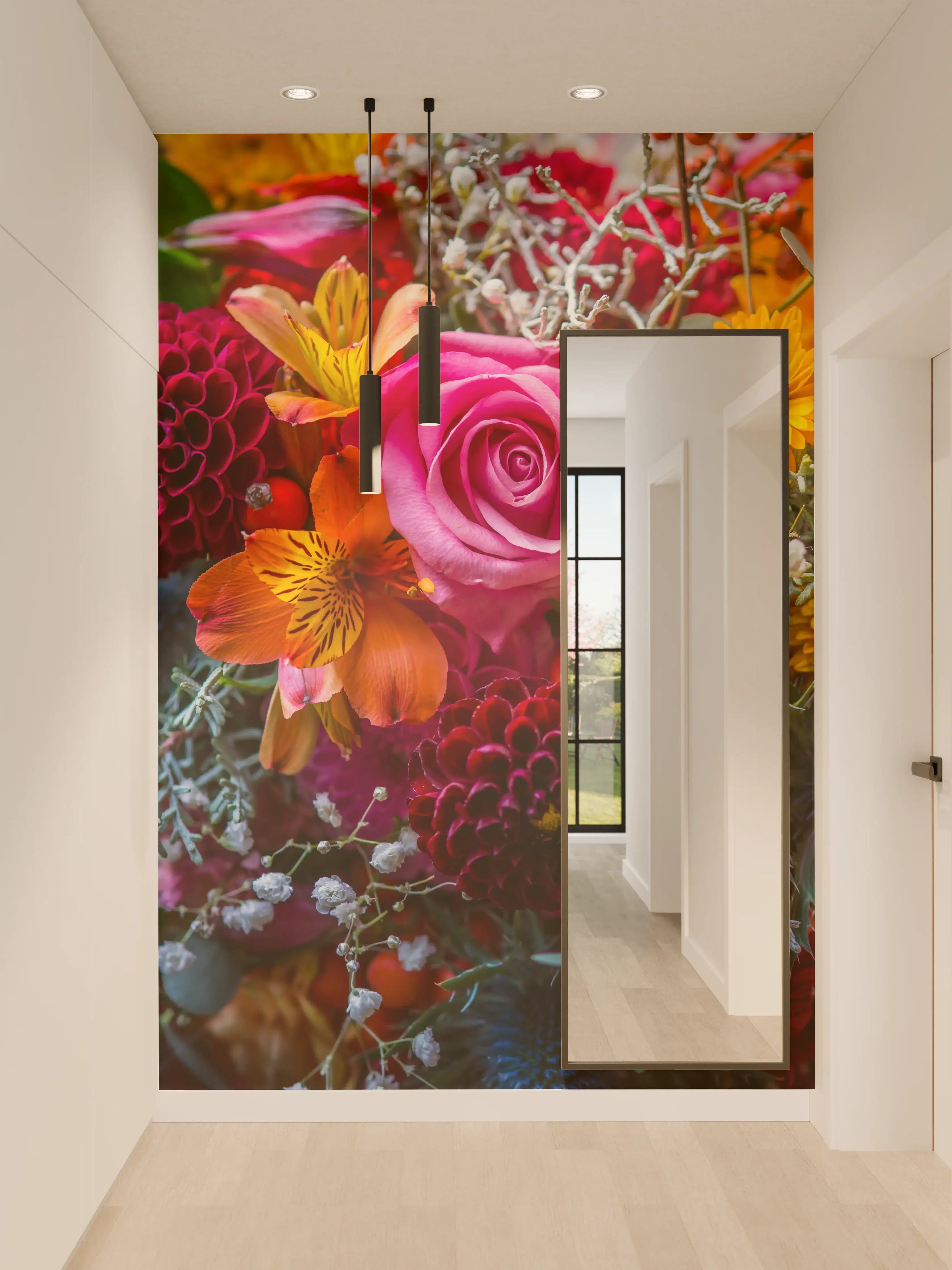 Wandverkleidung Flur - Vielseitiger Blütenmix in sanften Grautönen