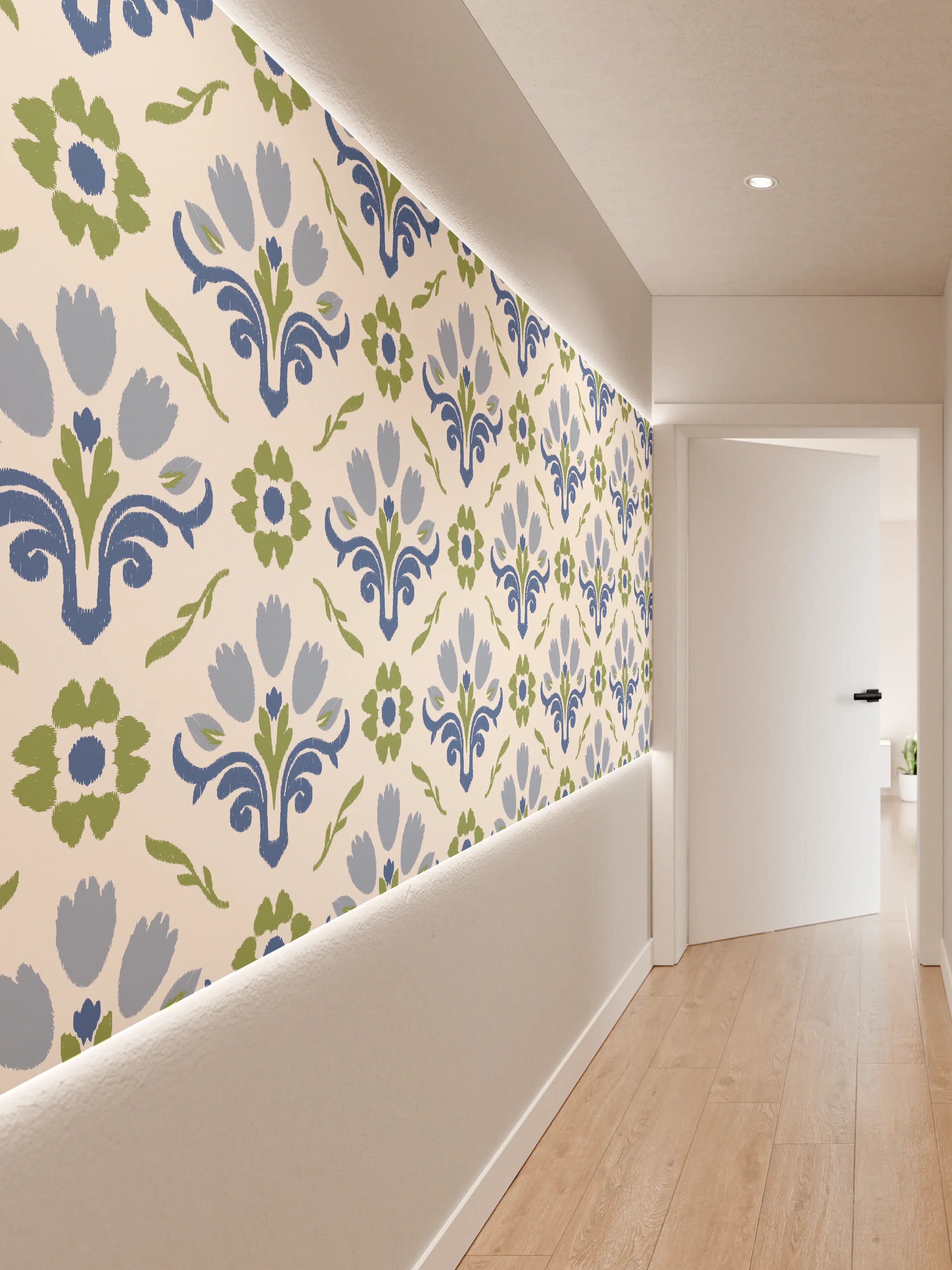 Wandverkleidung Flur - Vintage Bloom Blau-Grün Tapete