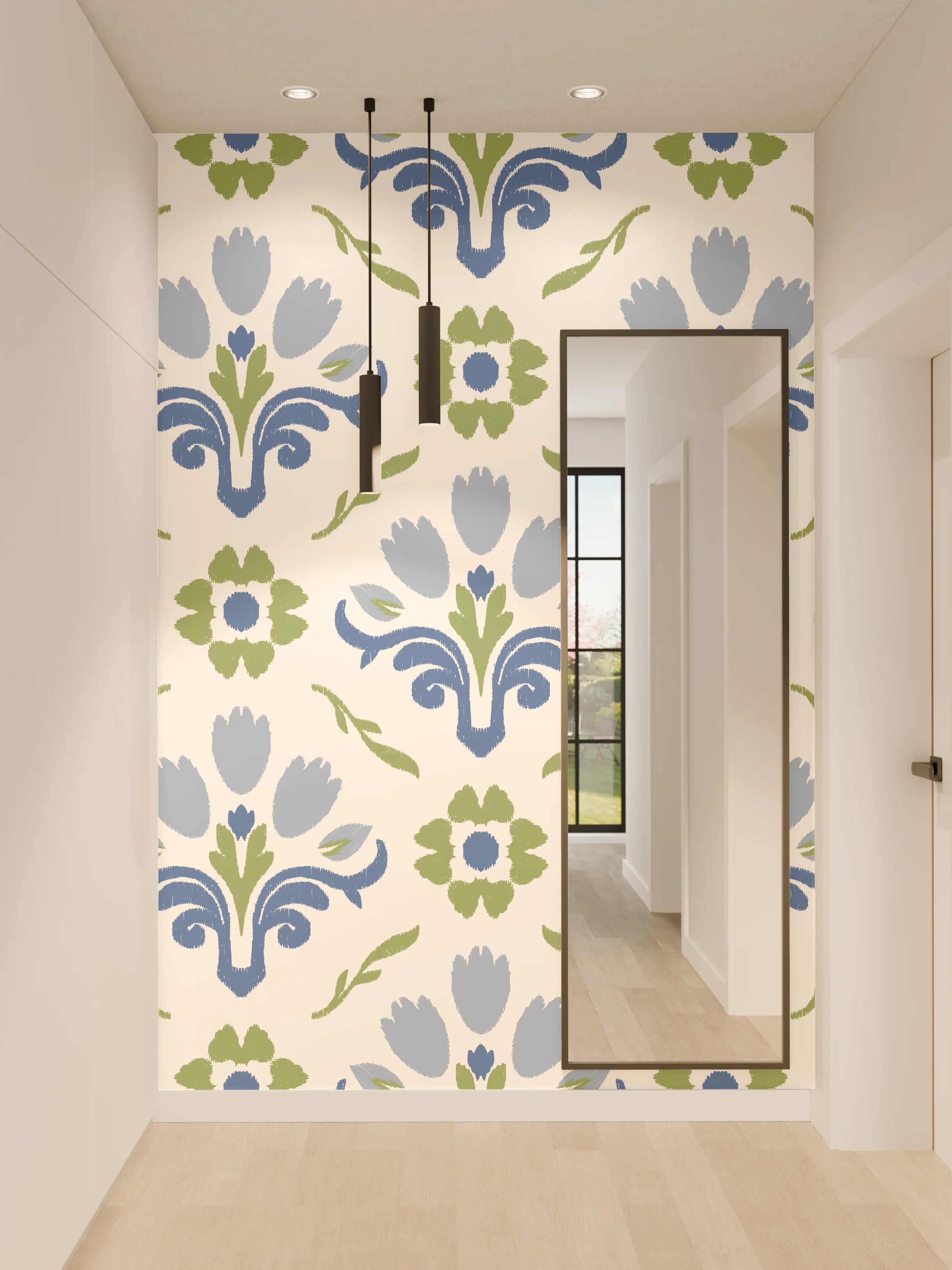 Wandverkleidung Flur - Vintage Bloom Blau-Grün Tapete