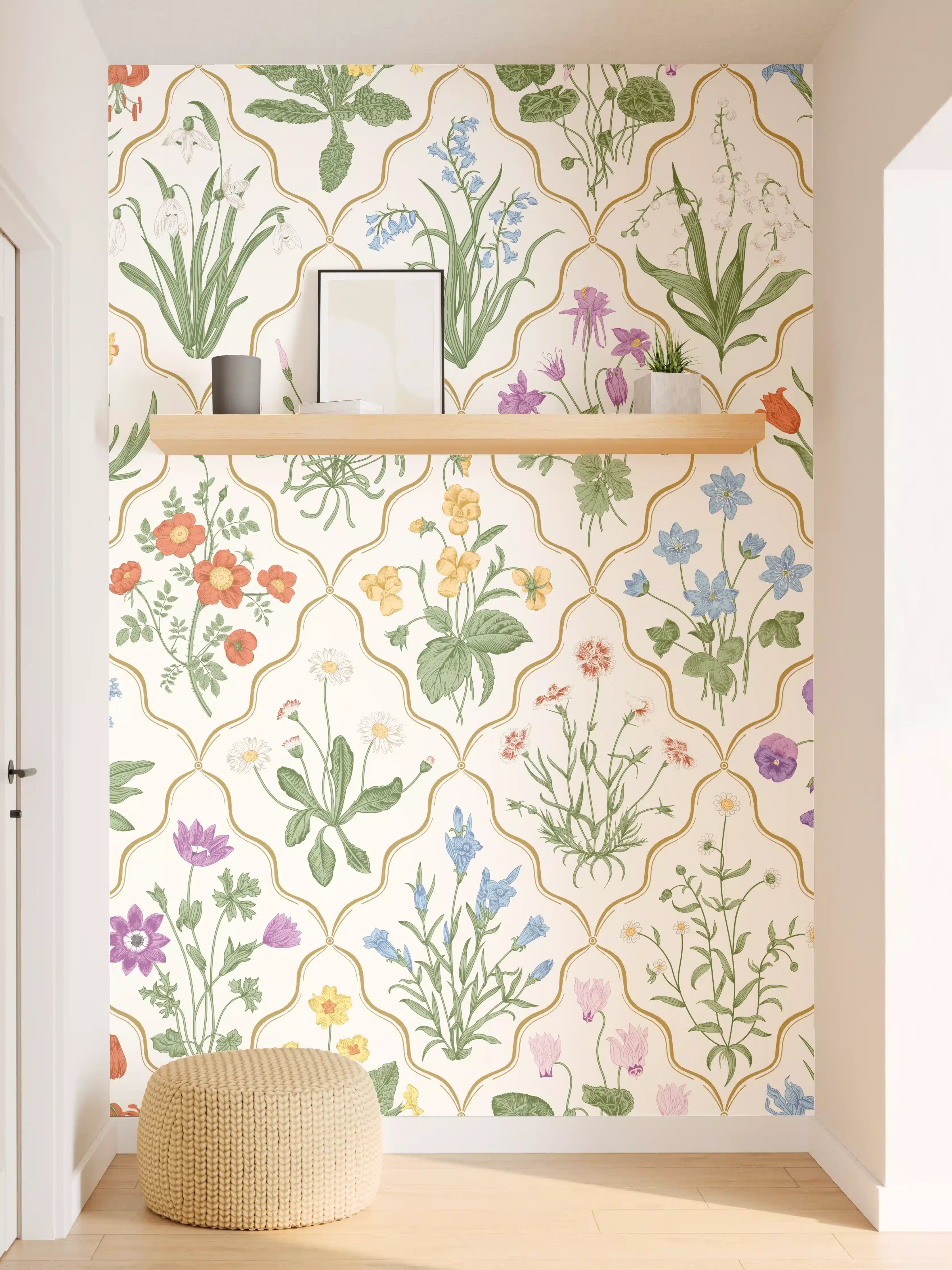 Wandverkleidung Flur - Vintage Bloom Blumen-Tapete Beige-Grün