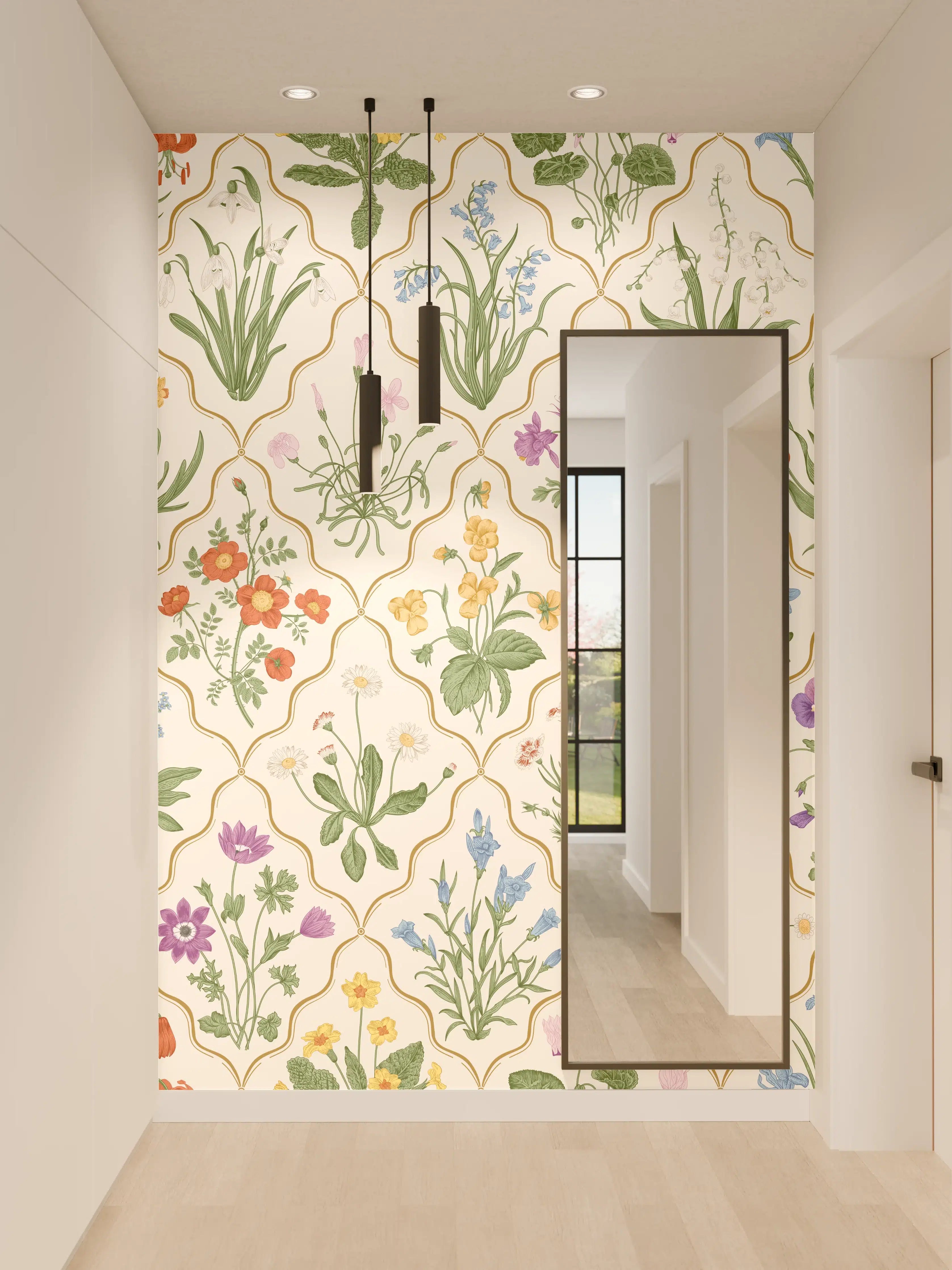 Wandverkleidung Flur - Vintage Bloom Blumen-Tapete Beige-Grün
