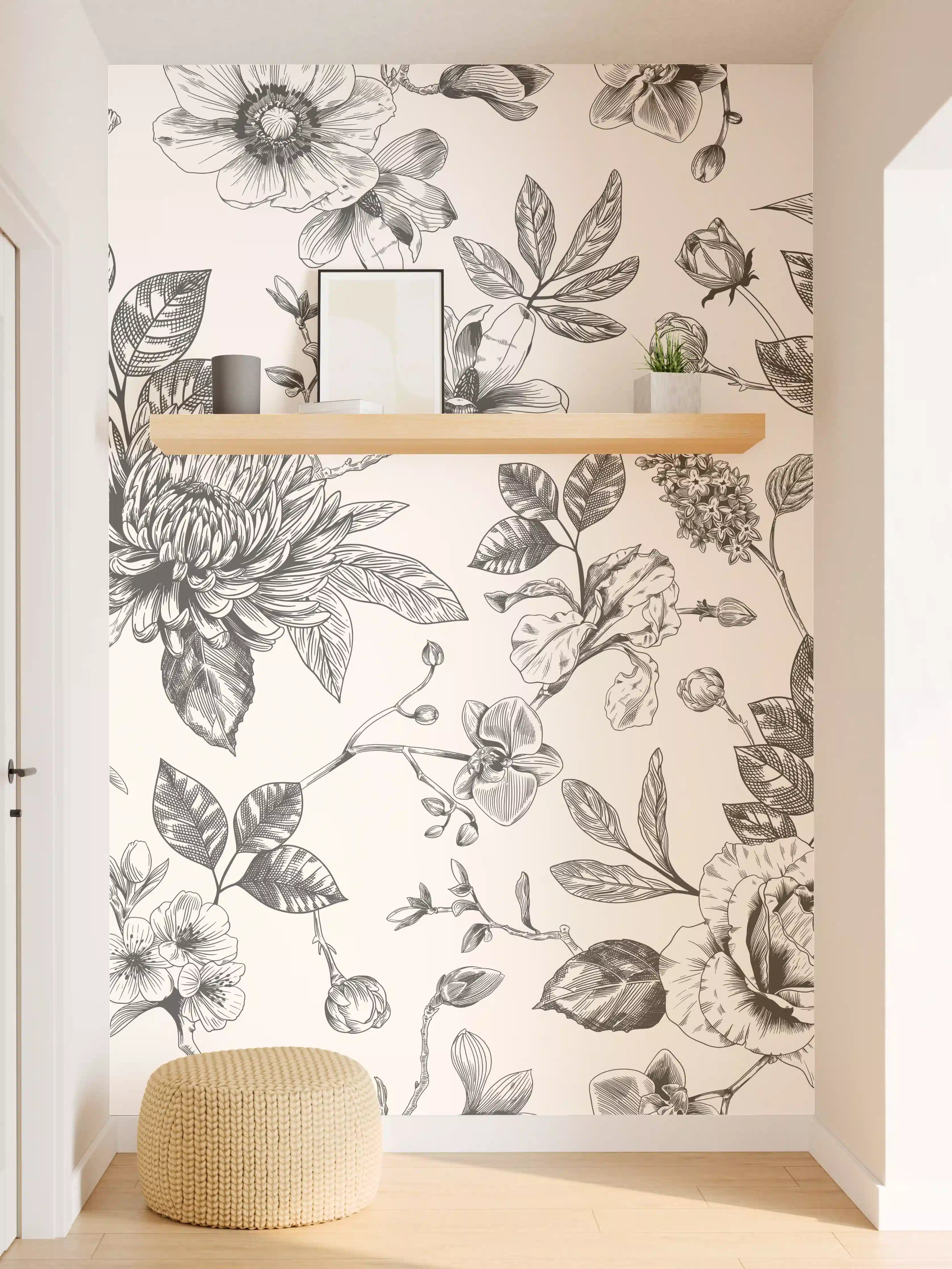 Wandverkleidung Flur - Vintage-Blumen Schwarz-Weiß
