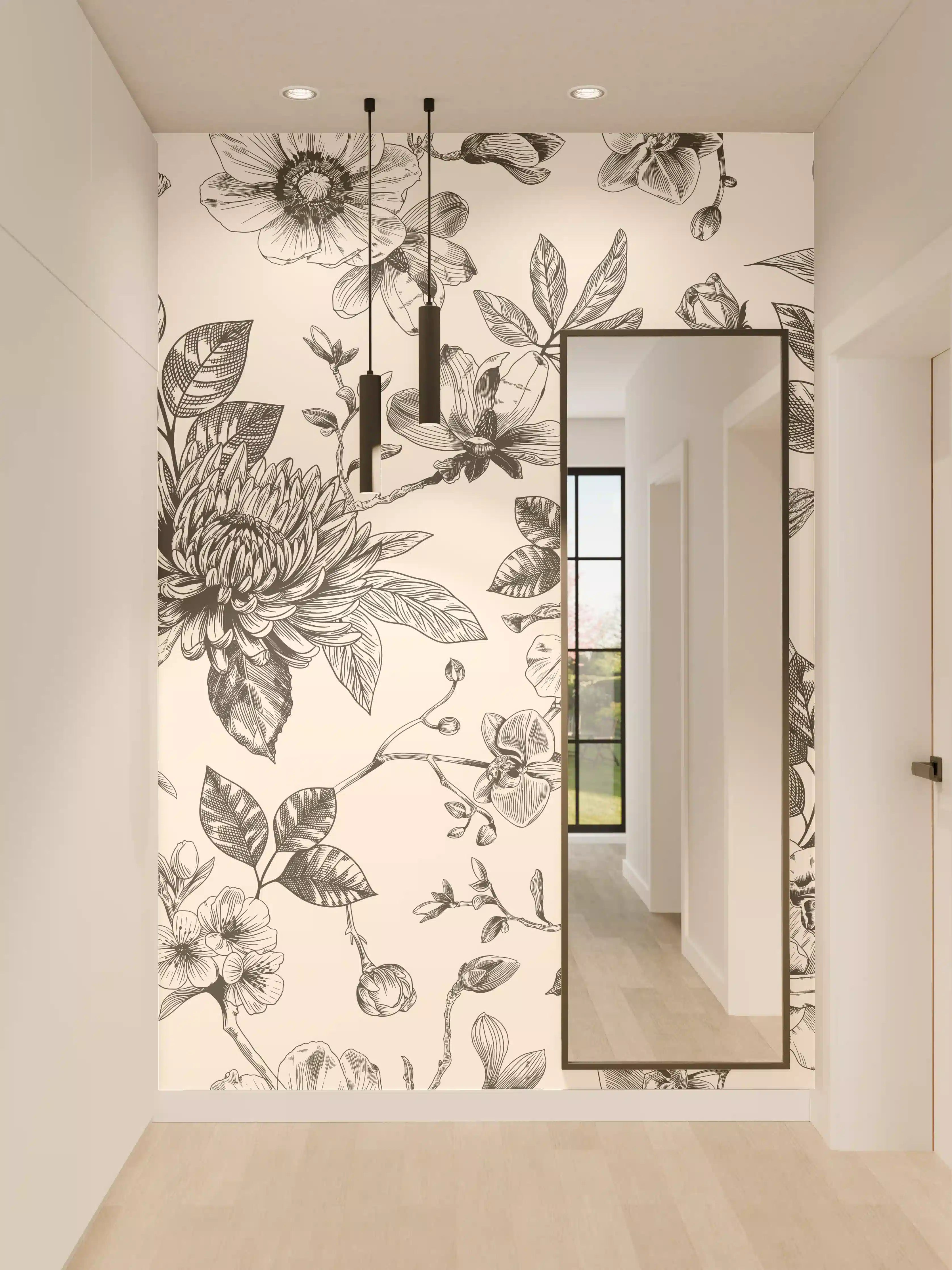 Wandverkleidung Flur - Vintage-Blumen Schwarz-Weiß