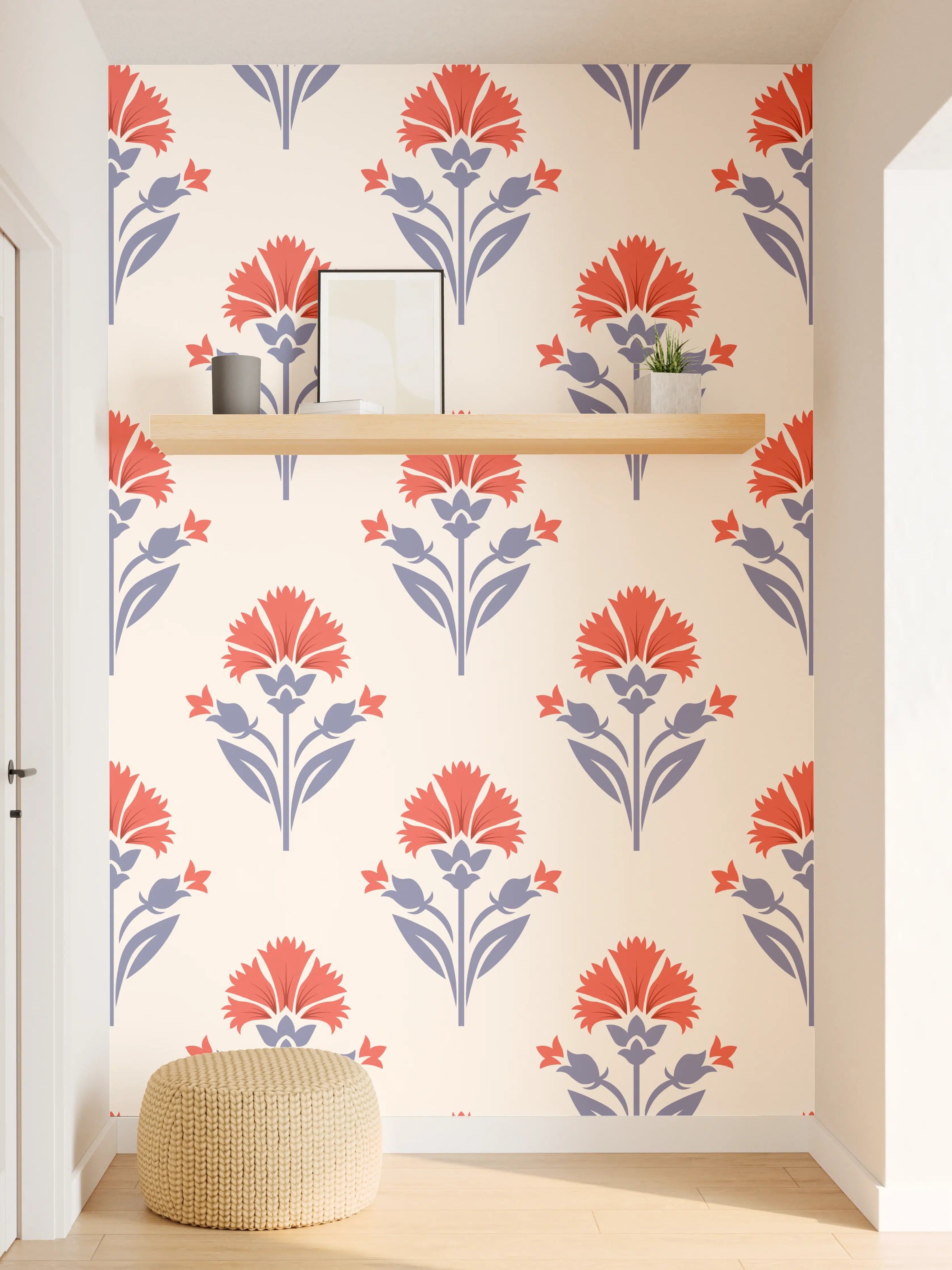 Wandverkleidung Flur - Vintage Blumen Tapete Beige-Rot