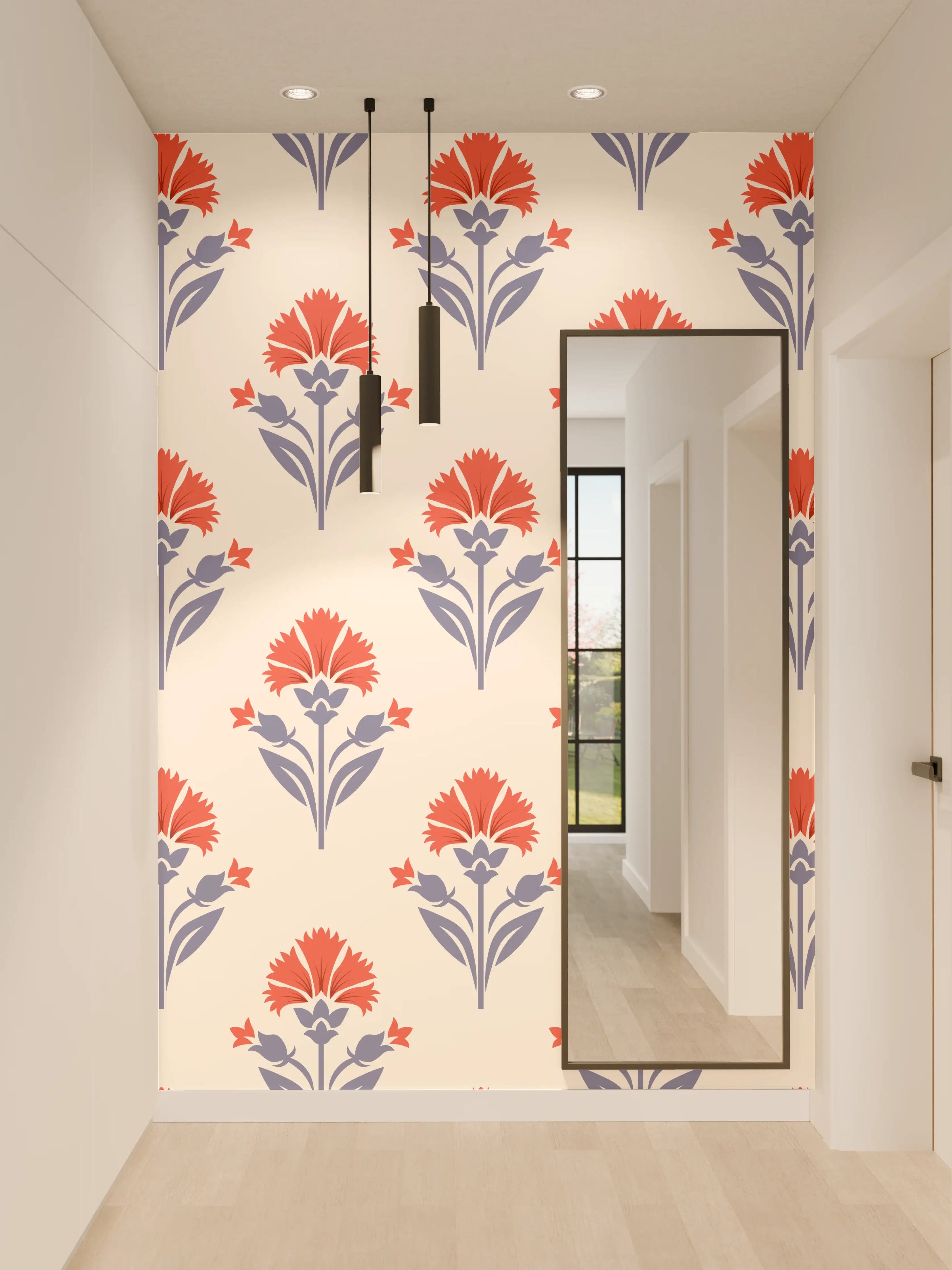 Wandverkleidung Flur - Vintage Blumen Tapete Beige-Rot