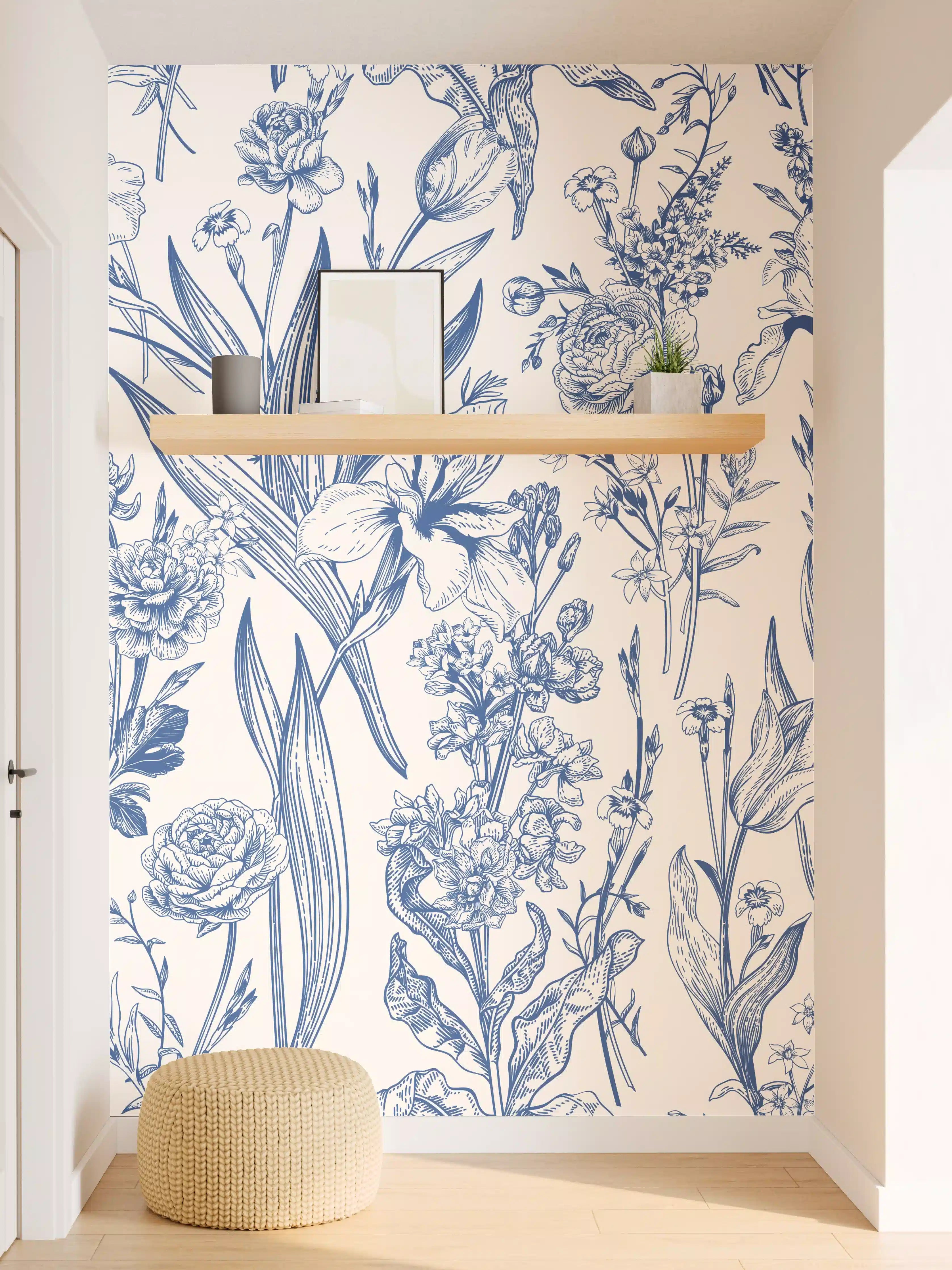 Wandverkleidung Flur - Vintage-Blumenmuster Azurblau