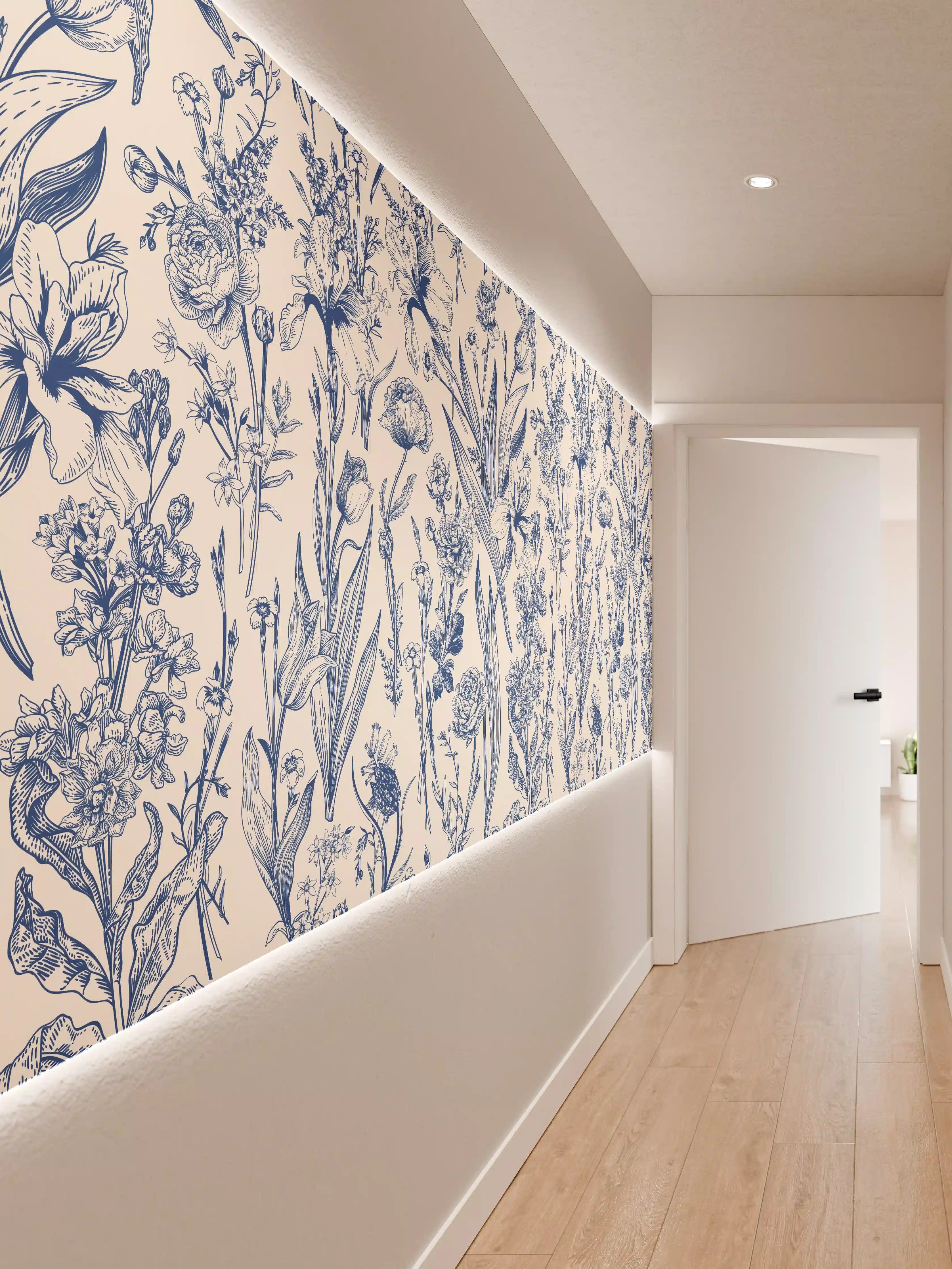 Wandverkleidung Flur - Vintage-Blumenmuster Azurblau