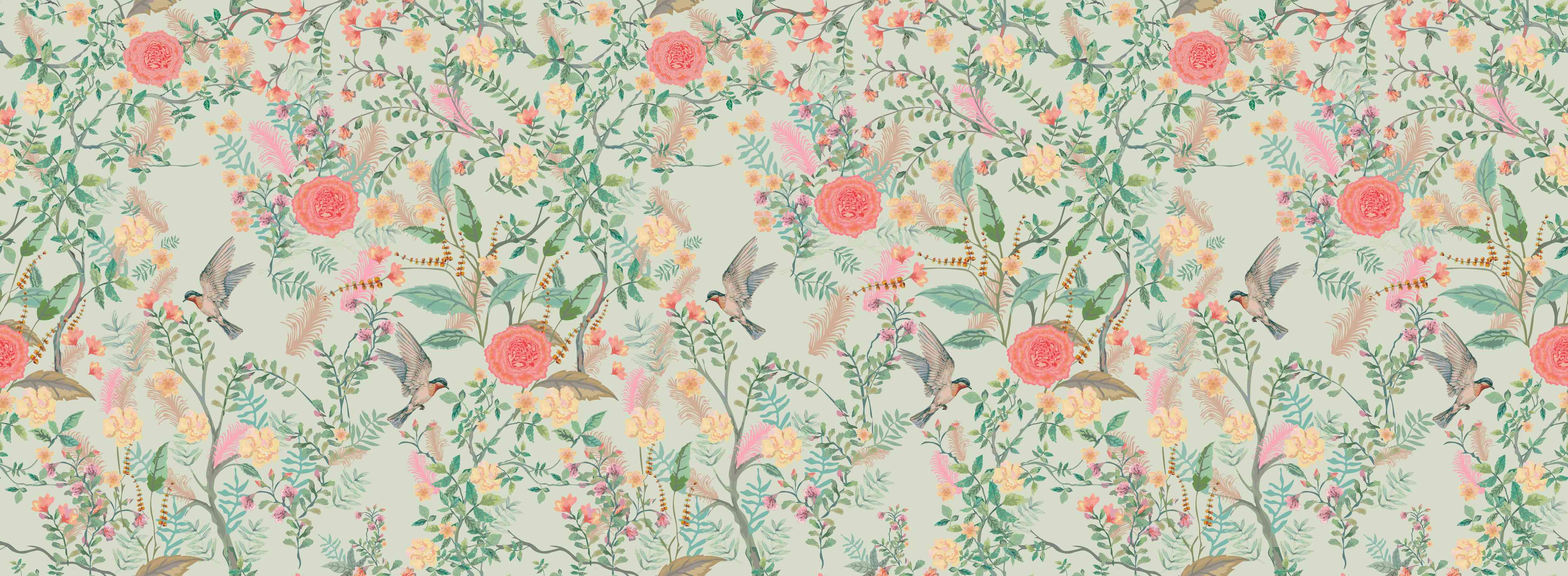 Wandverkleidung Flur-Vintage-Blumenmuster Grün-Rosa