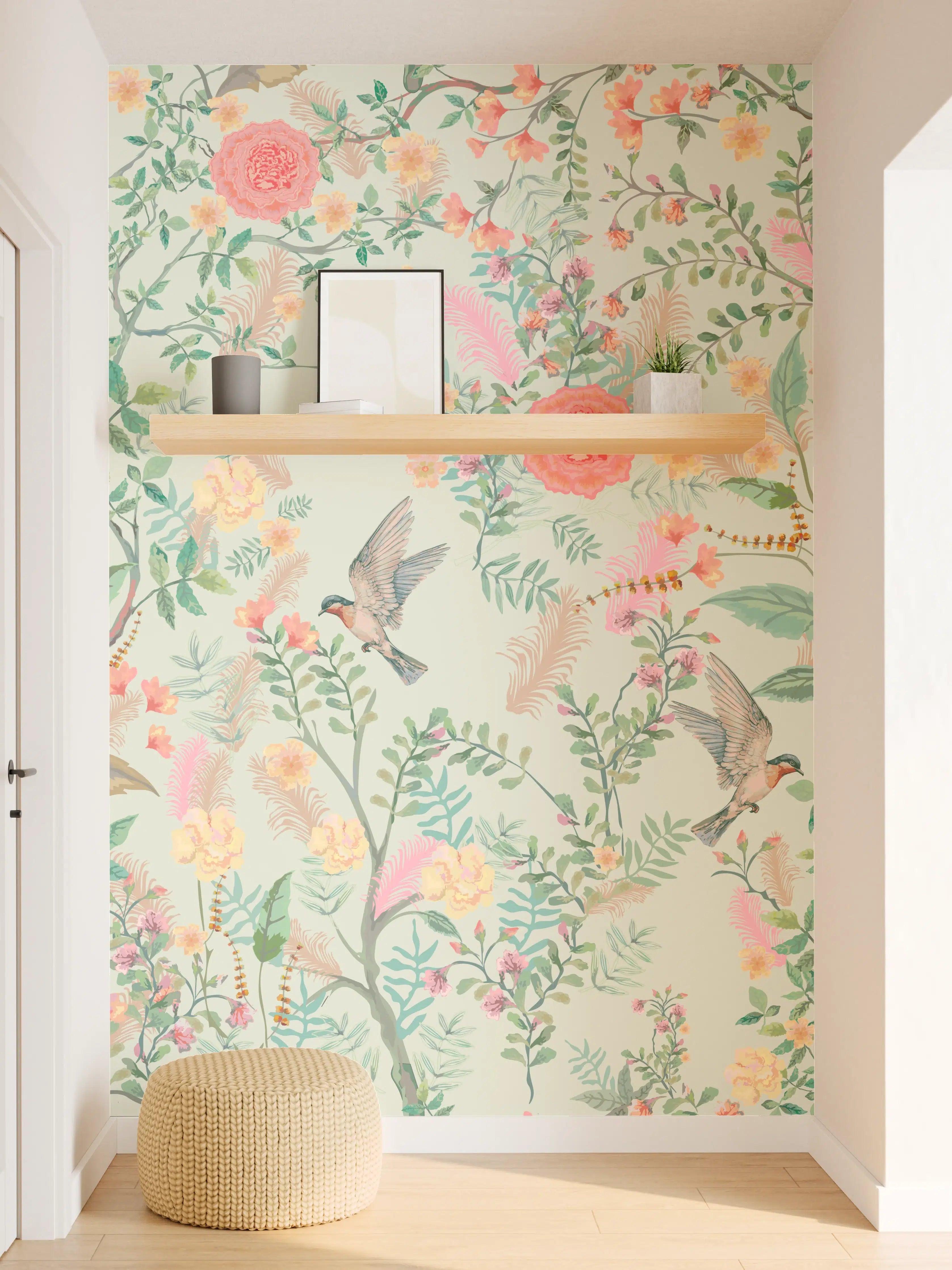 Wandverkleidung Flur - Vintage-Blumenmuster Grün-Rosa