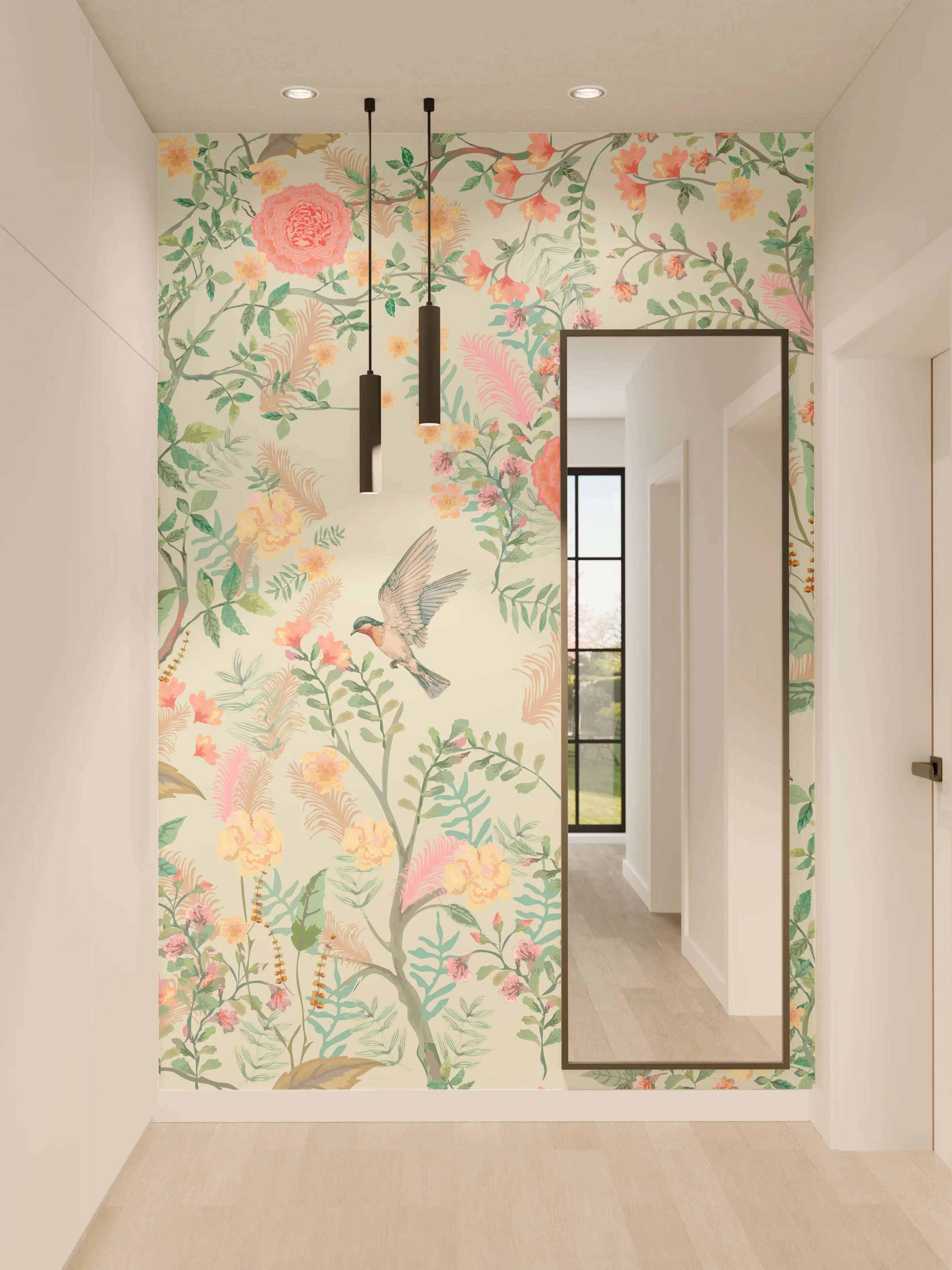 Wandverkleidung Flur - Vintage-Blumenmuster Grün-Rosa