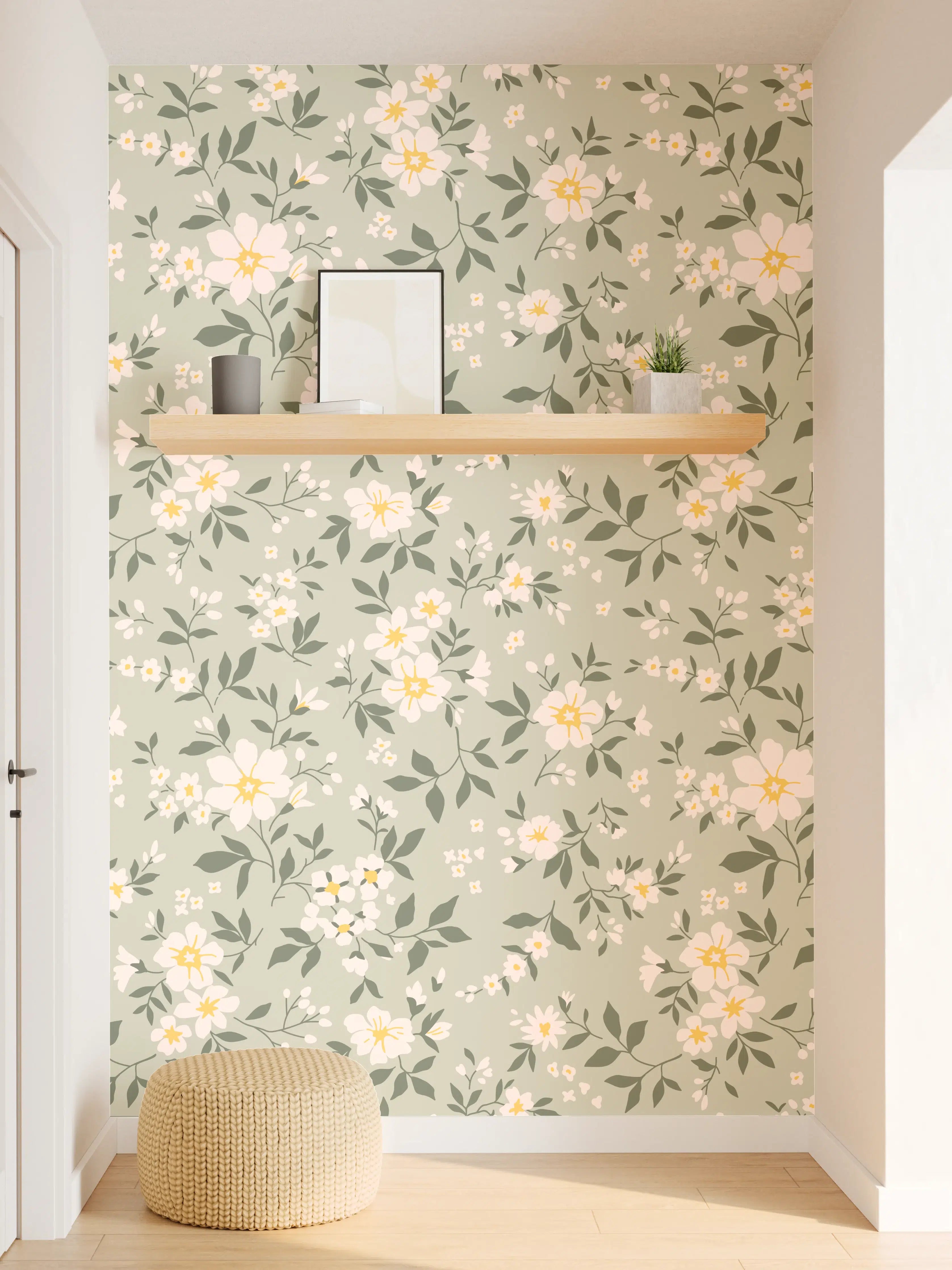 Wandverkleidung Flur - Vintage Ditsy Blumenmuster Grün-Beige