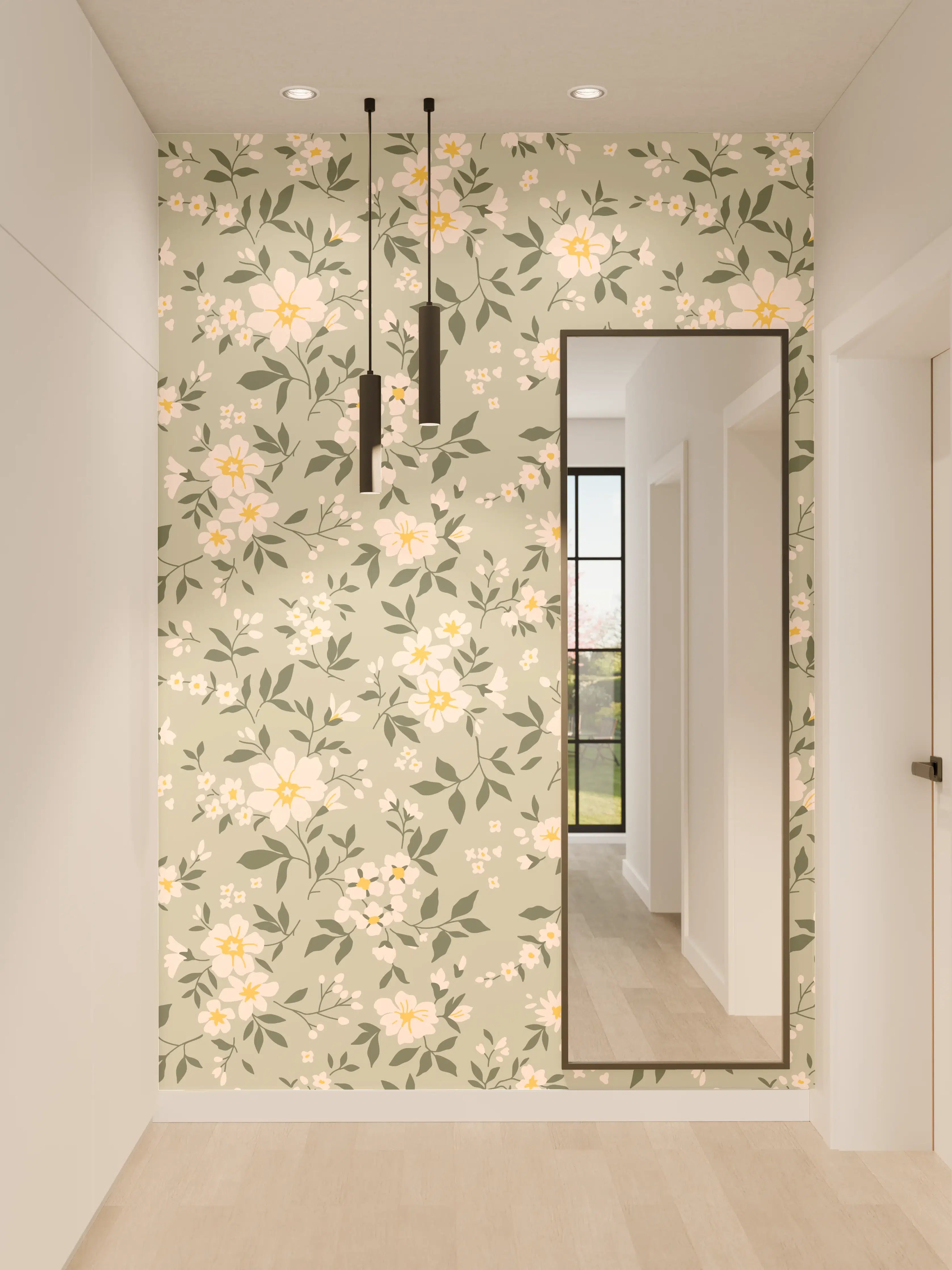 Wandverkleidung Flur - Vintage Ditsy Blumenmuster Grün-Beige