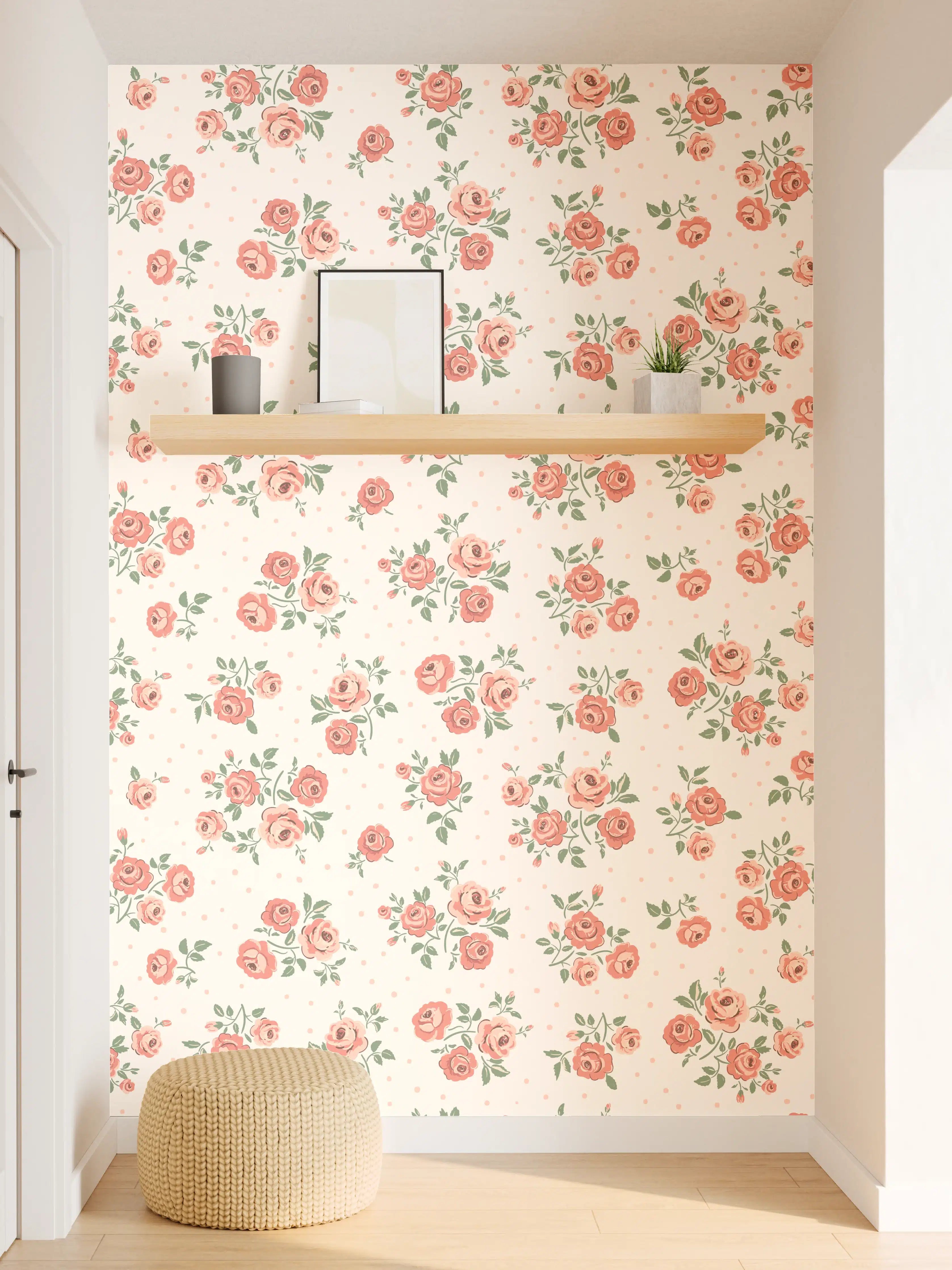 Wandverkleidung Flur - Vintage Ditsy Rosenmuster Rosa-Beige