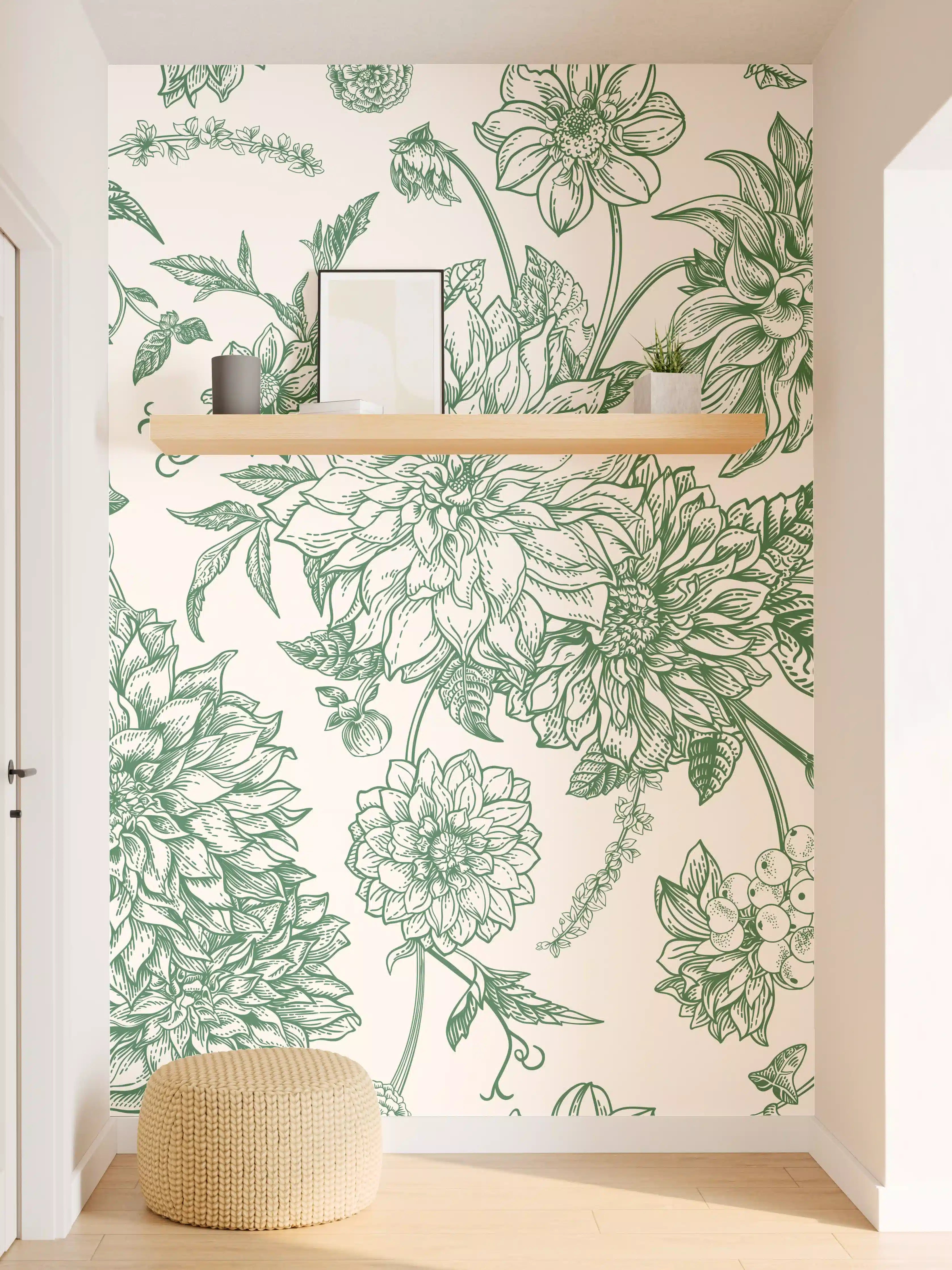 Wandverkleidung Flur - Vintage Grün Blumen Lineart