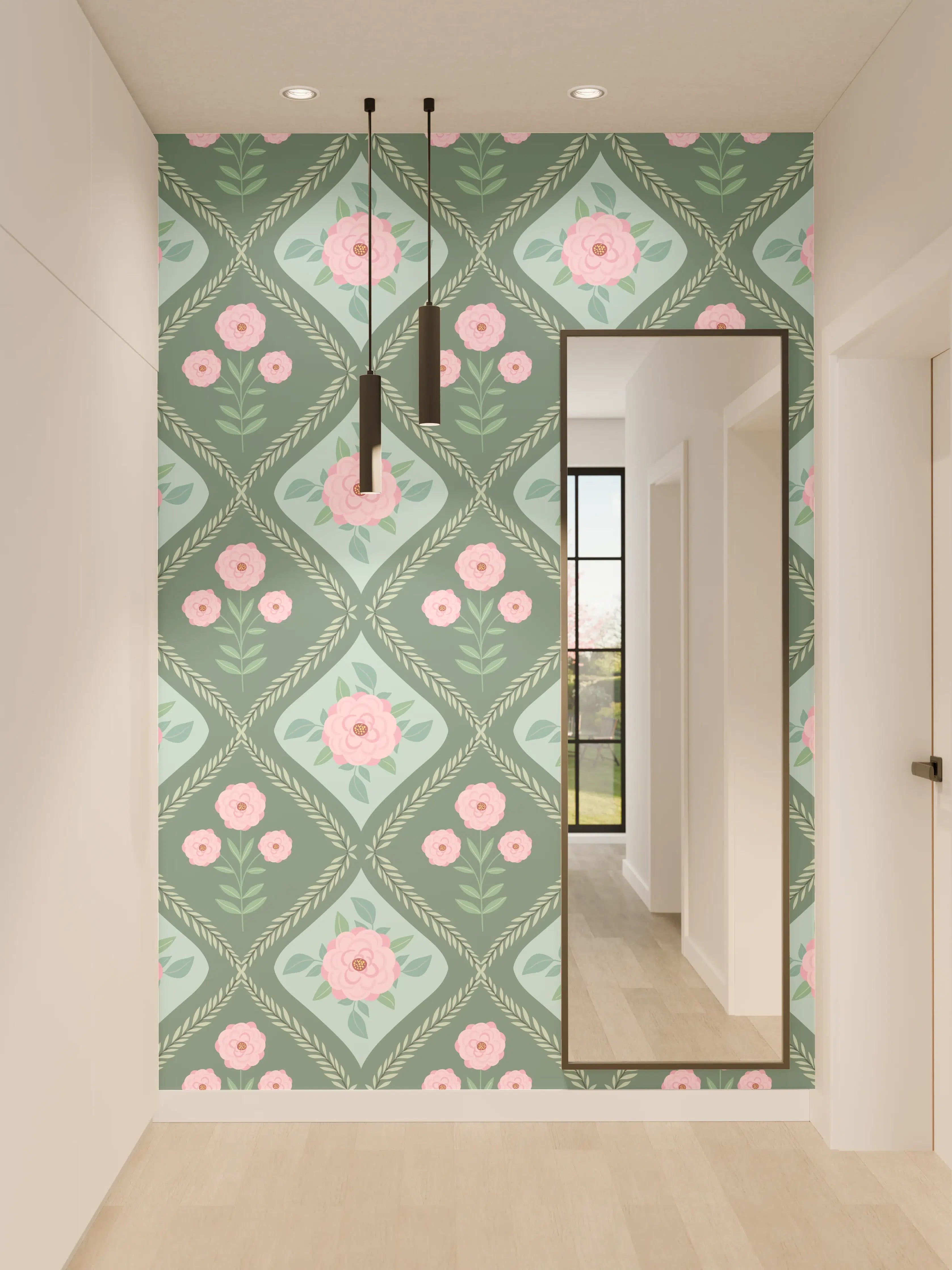 Wandverkleidung Flur - Vintage Rosen Tapete Grün-Rosa