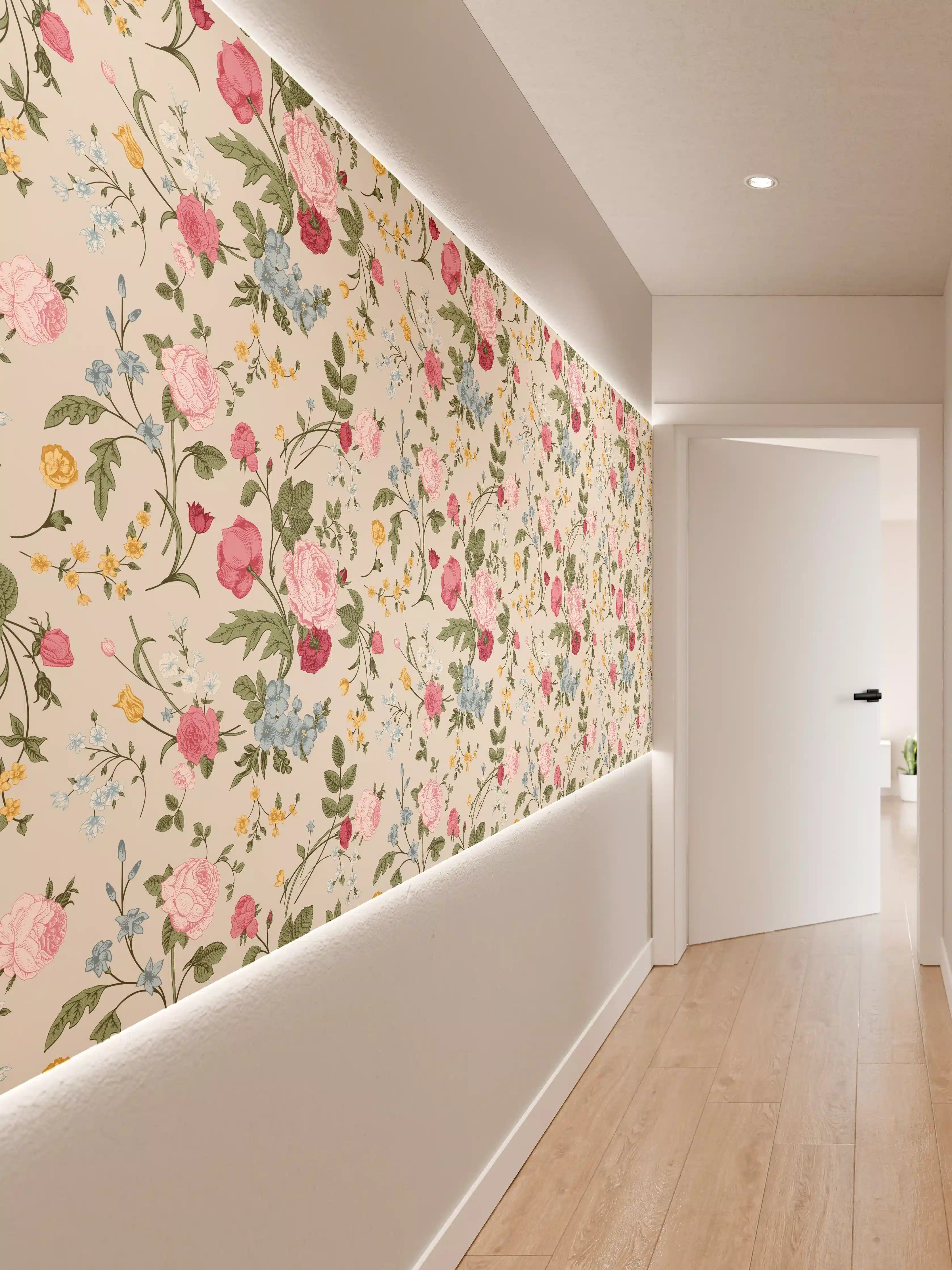 Wandverkleidung Flur - Vintage Rosenmuster Rosa-Beige