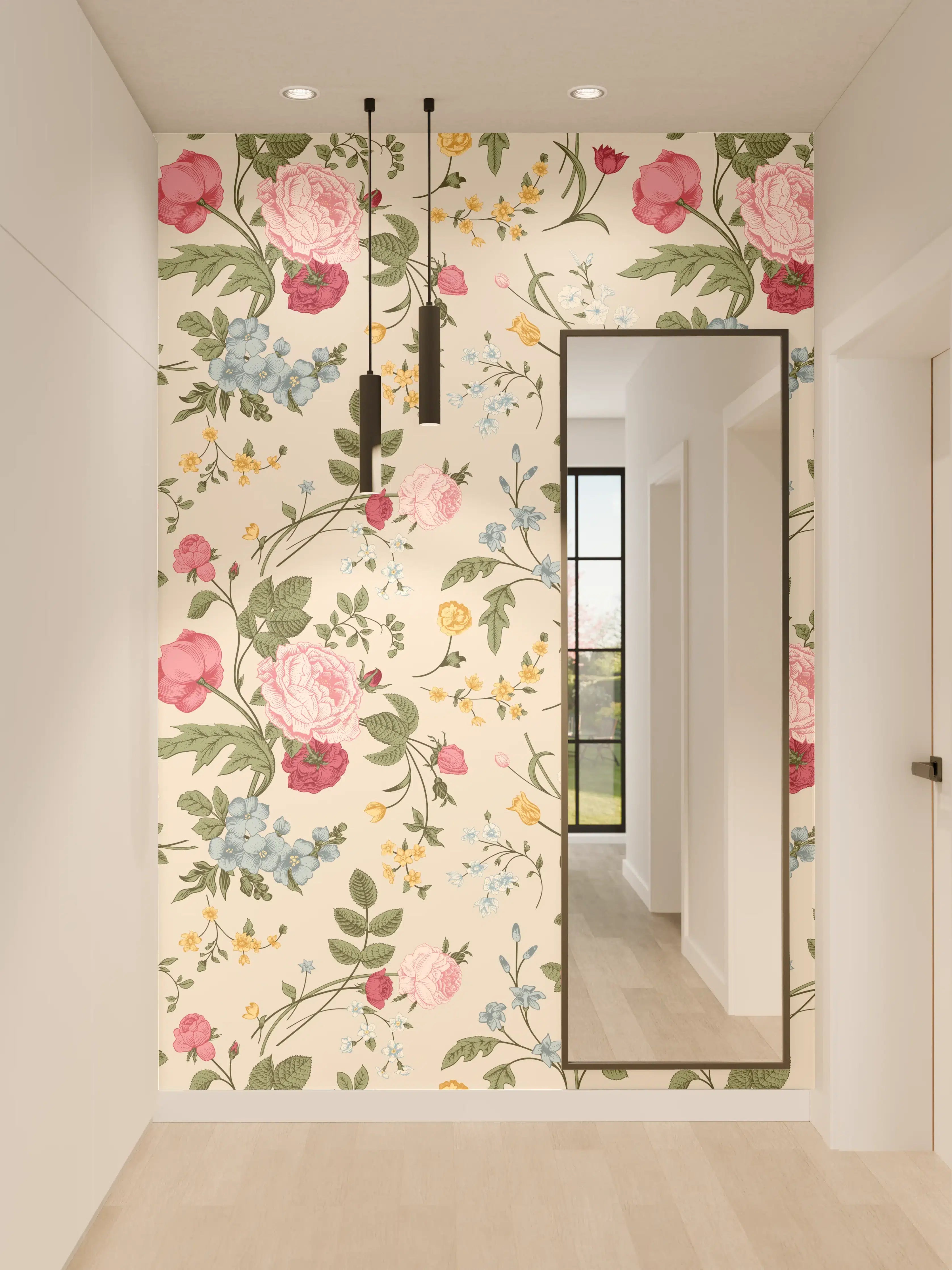 Wandverkleidung Flur - Vintage Rosenmuster Rosa-Beige