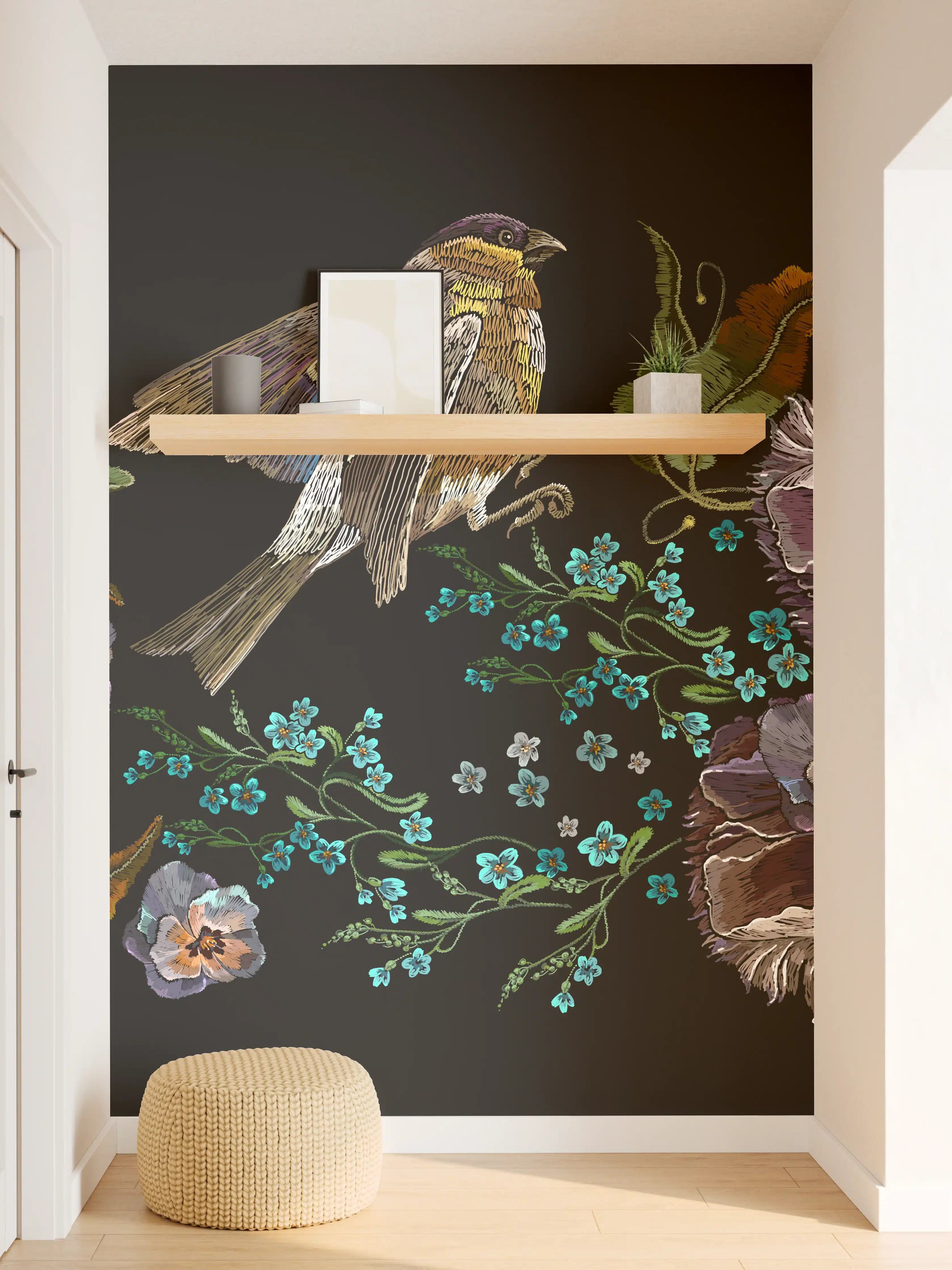 Wandverkleidung Flur - Violette Blumen Vogelmuster Stickerei