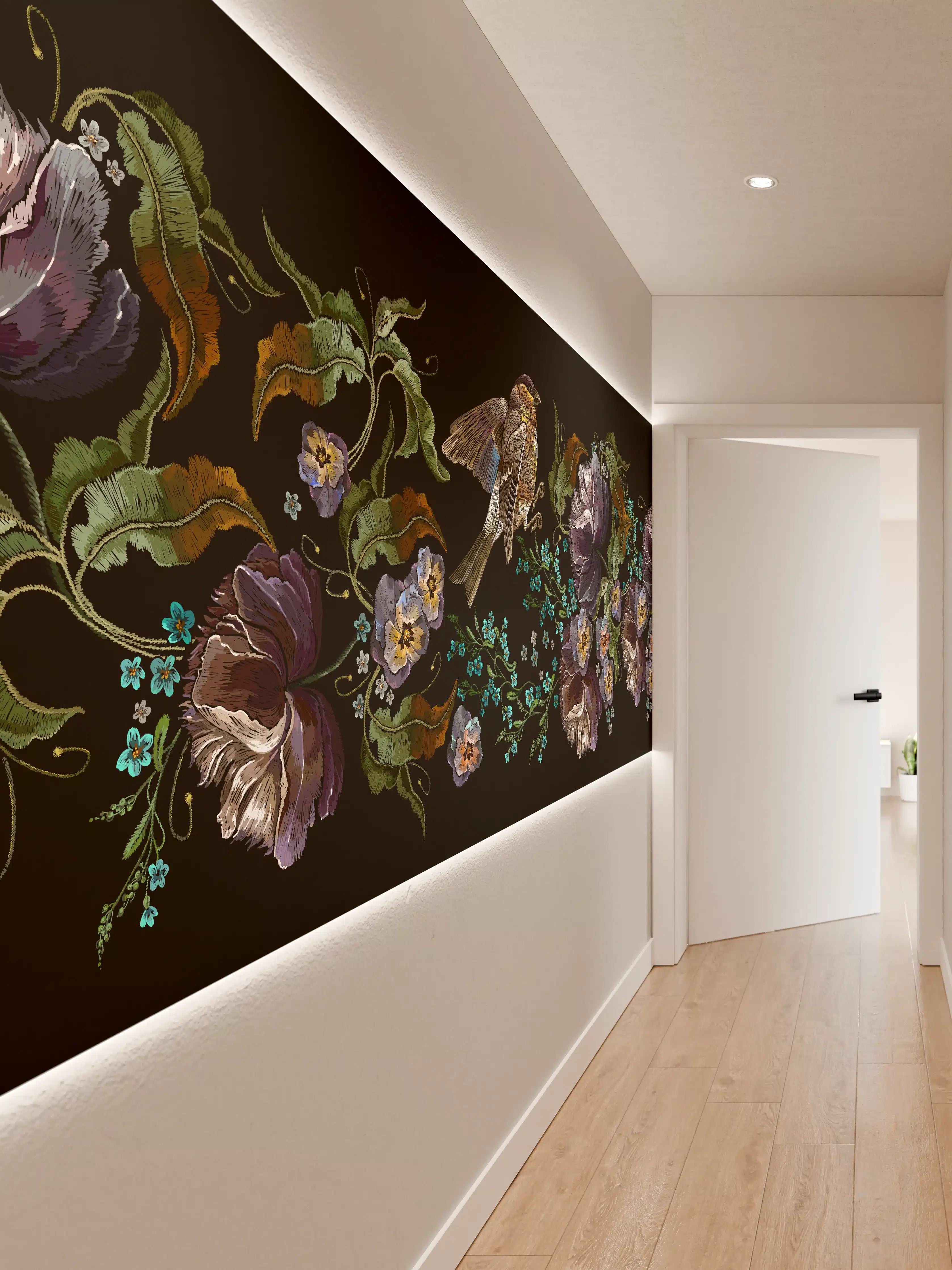 Wandverkleidung Flur - Violette Blumen Vogelmuster Stickerei