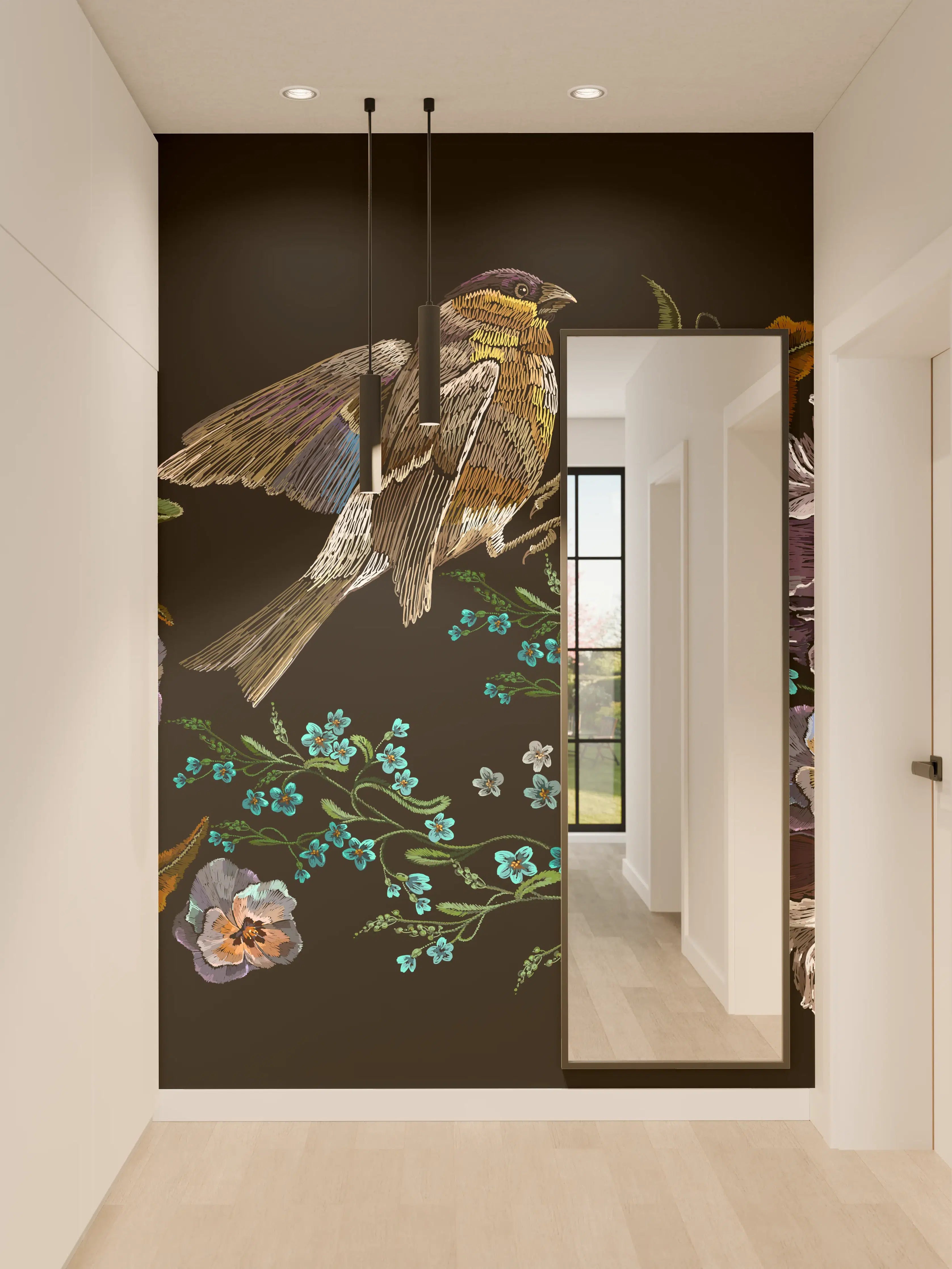 Wandverkleidung Flur - Violette Blumen Vogelmuster Stickerei
