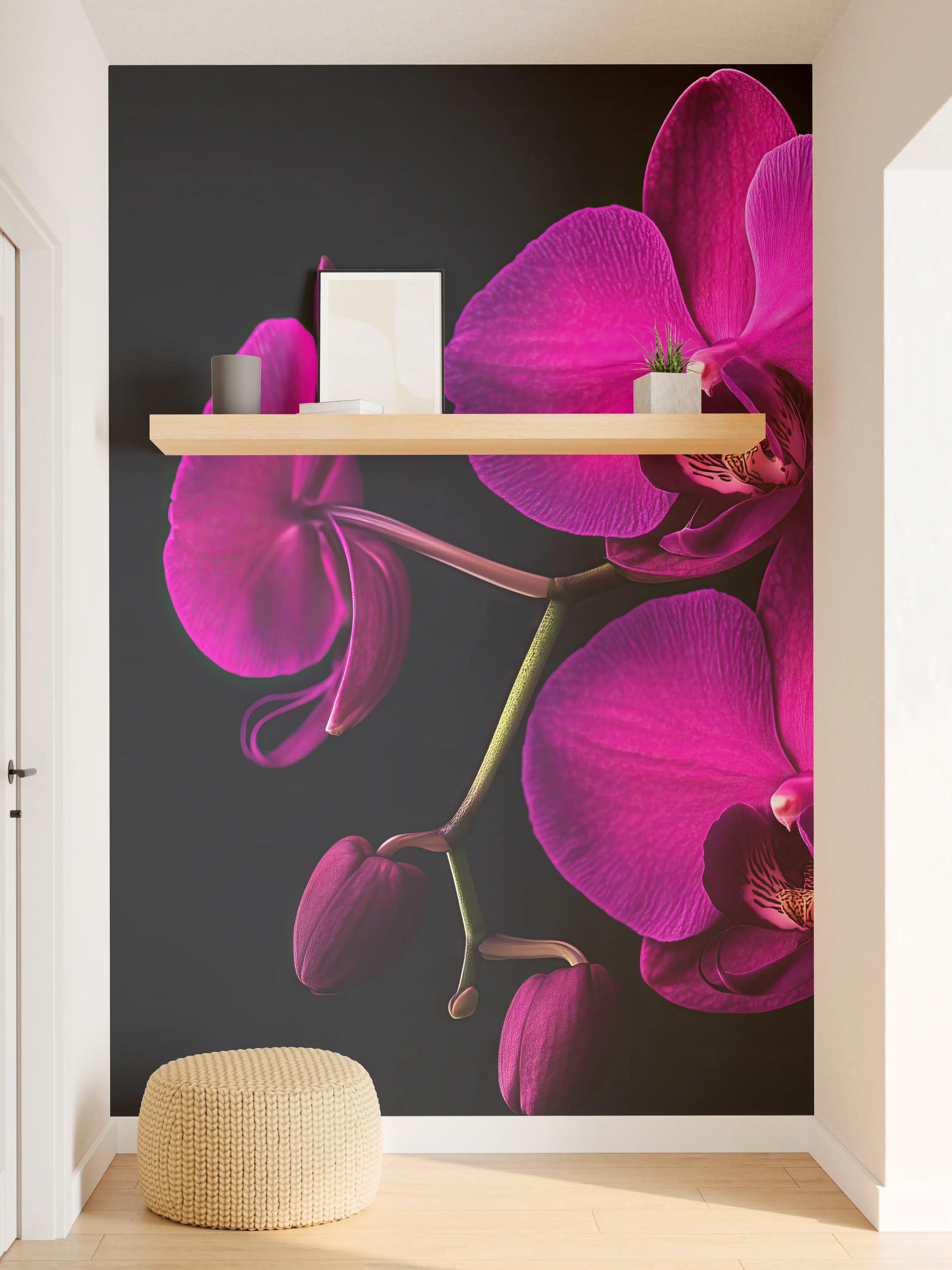 Wandverkleidung Flur - Violette Orchideen auf Schwarz
