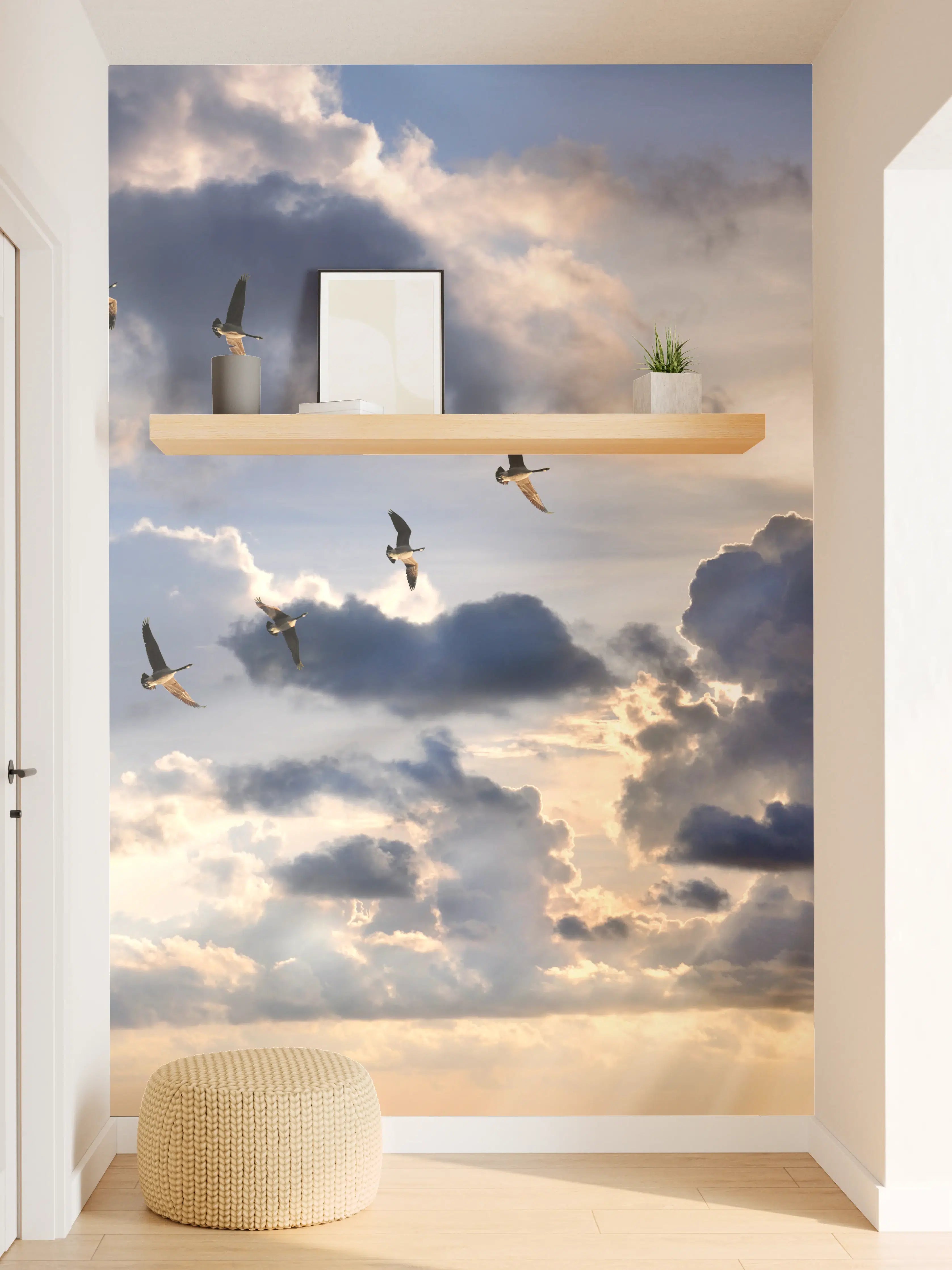 Wandverkleidung Flur - Vogelzug am Himmel bei Sonnenuntergang