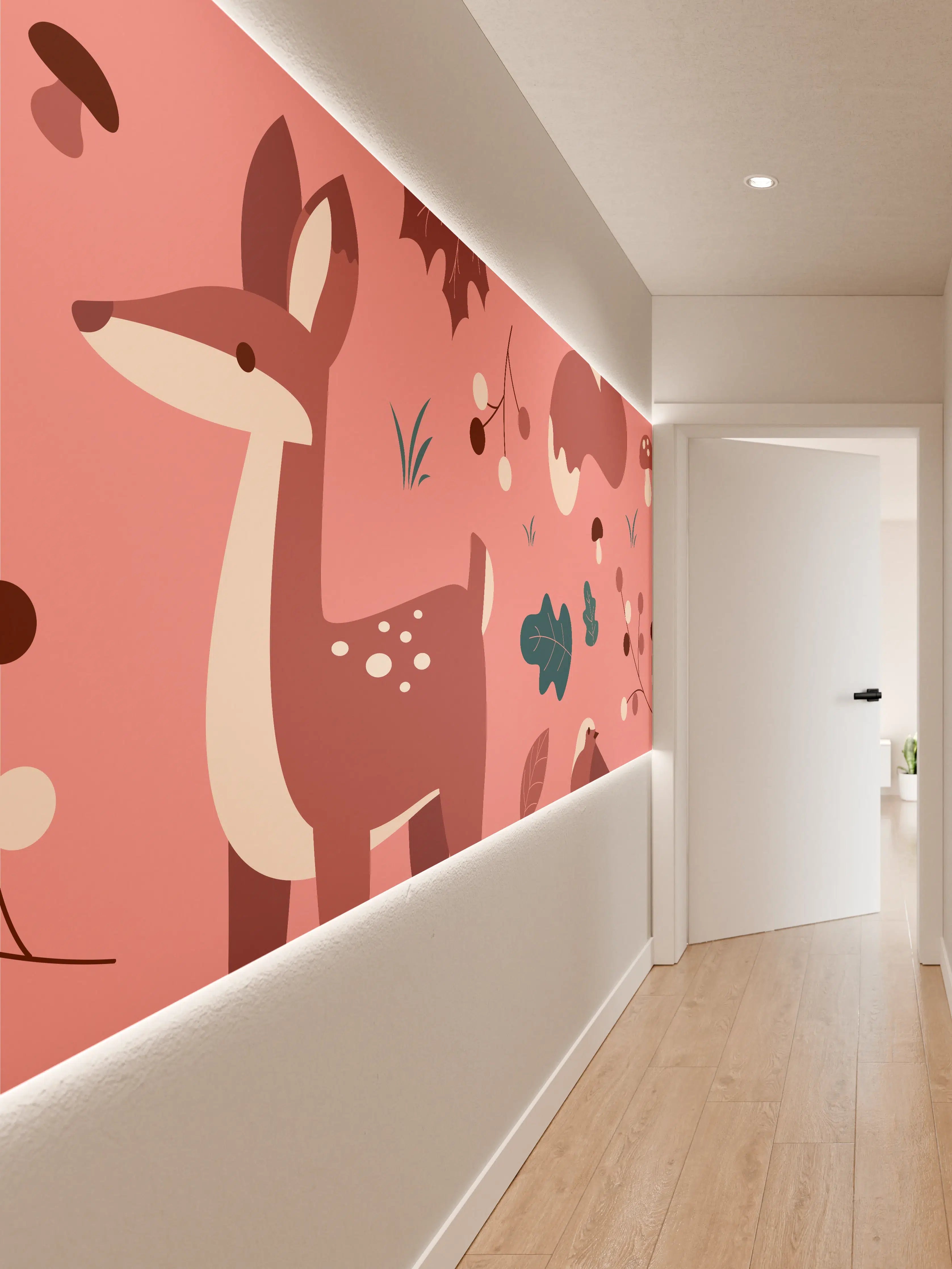 Wandverkleidung Flur - Waldtiere Muster rosa Hintergrund
