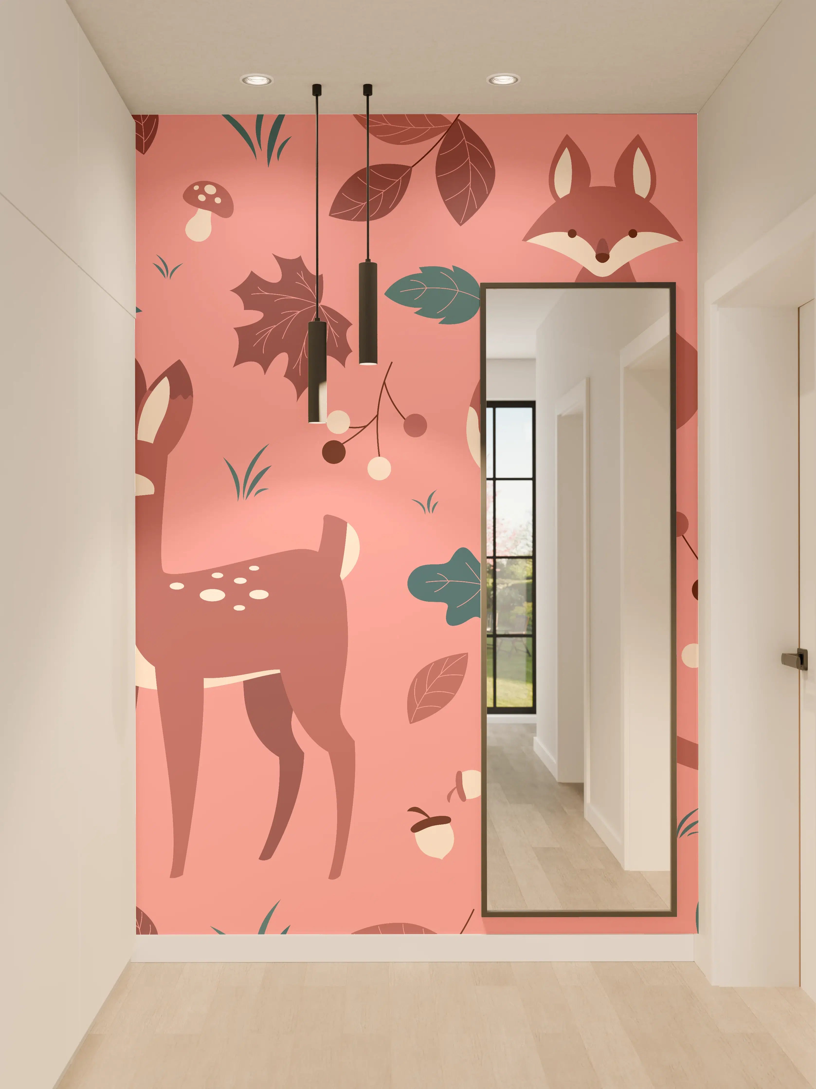 Wandverkleidung Flur - Waldtiere Muster rosa Hintergrund