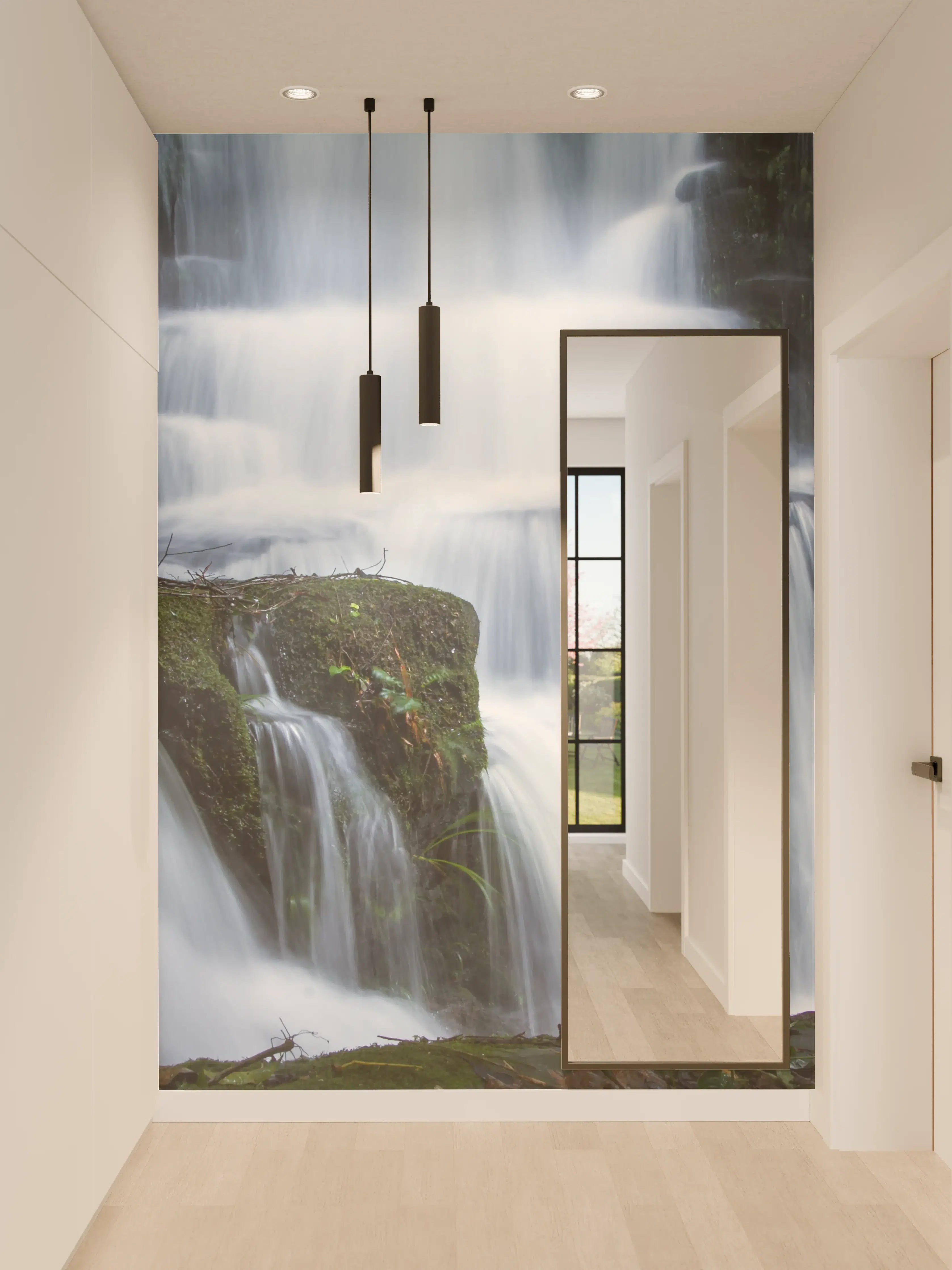 Wandverkleidung Flur - Wasserfall im Wald mit Felsen
