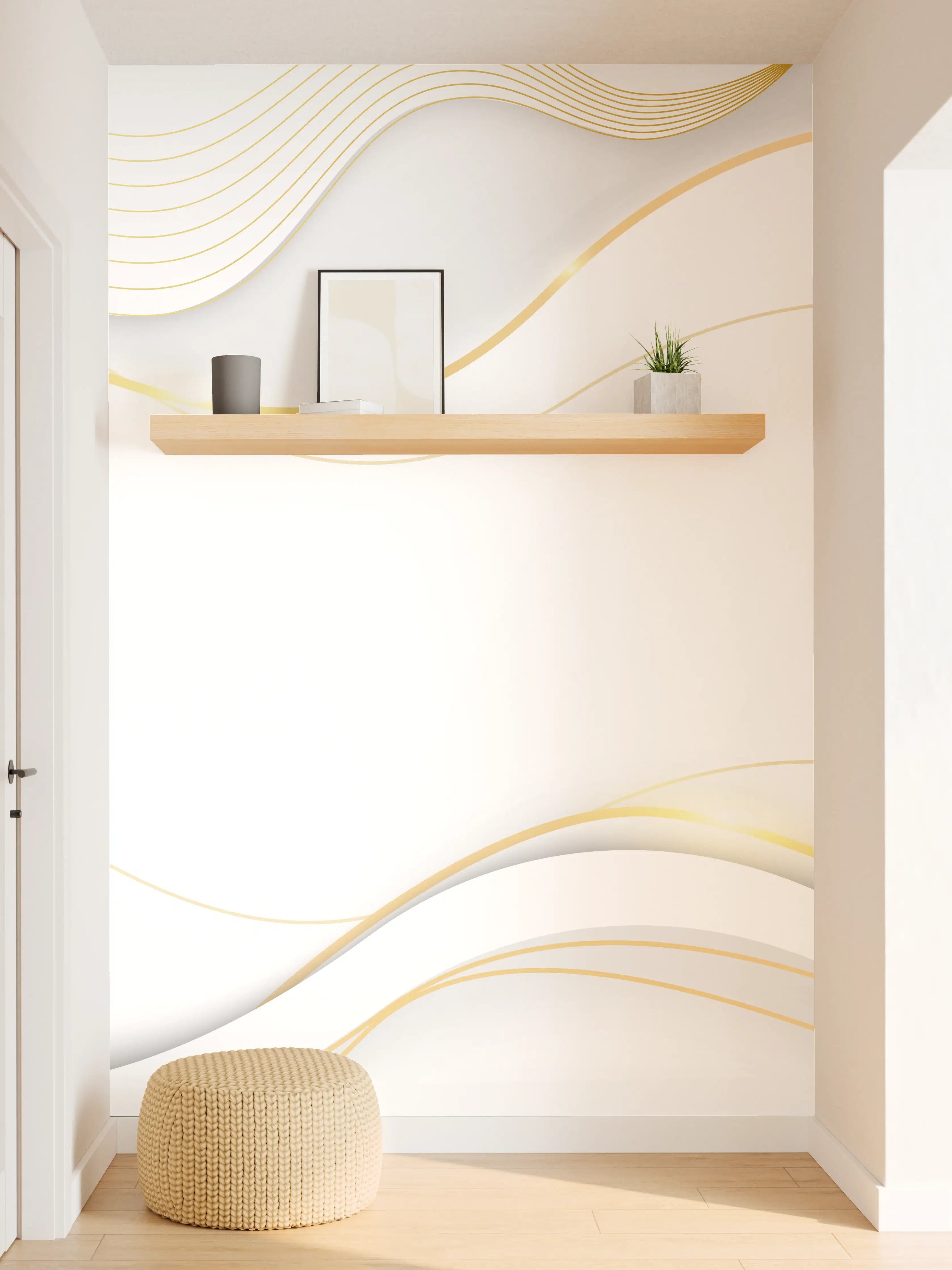 Wandverkleidung Flur - Weiß-Goldene Wellen Grafik