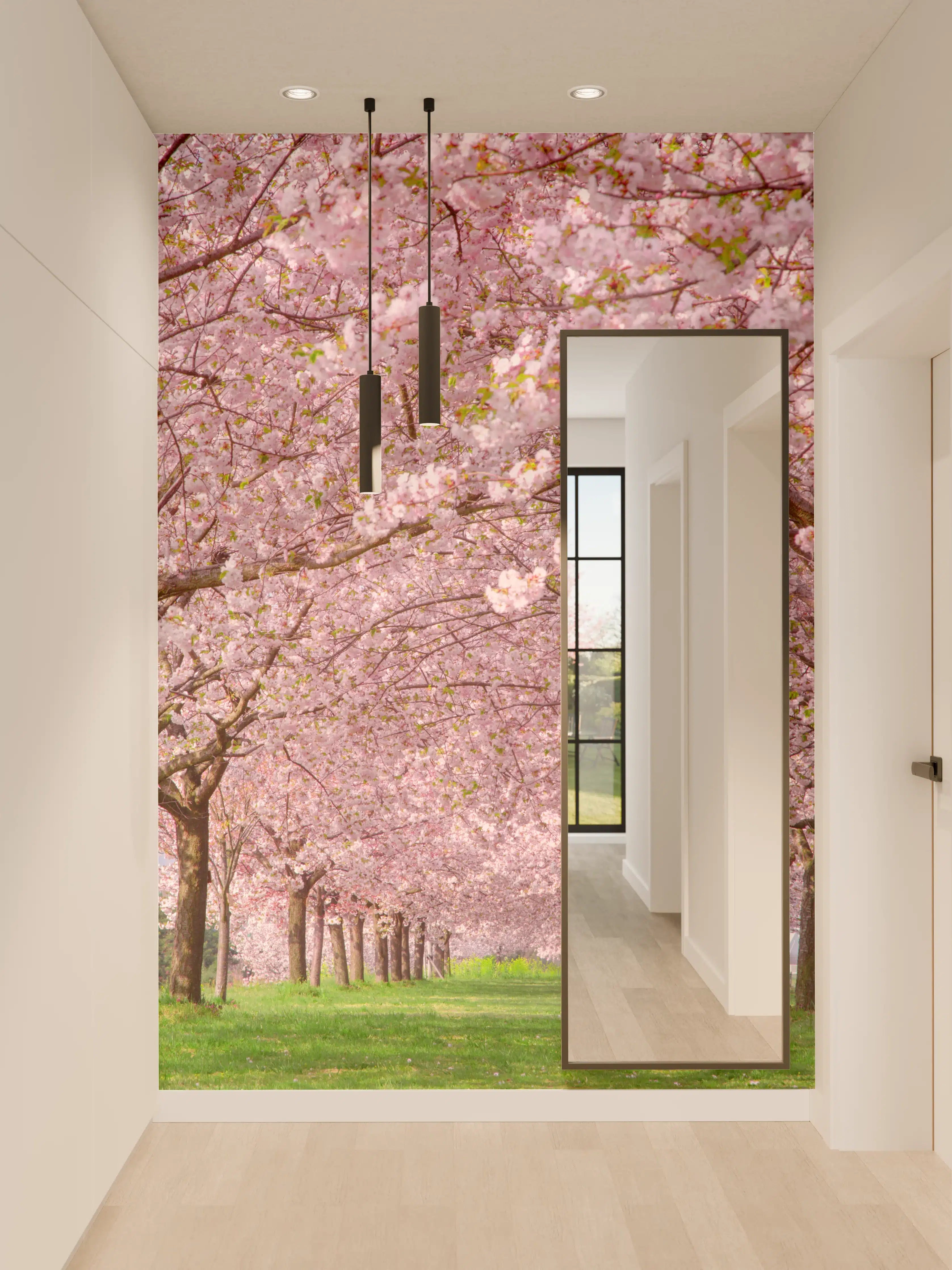 Wandverkleidung Flur - Weiße Blüten im zarten Graugrau