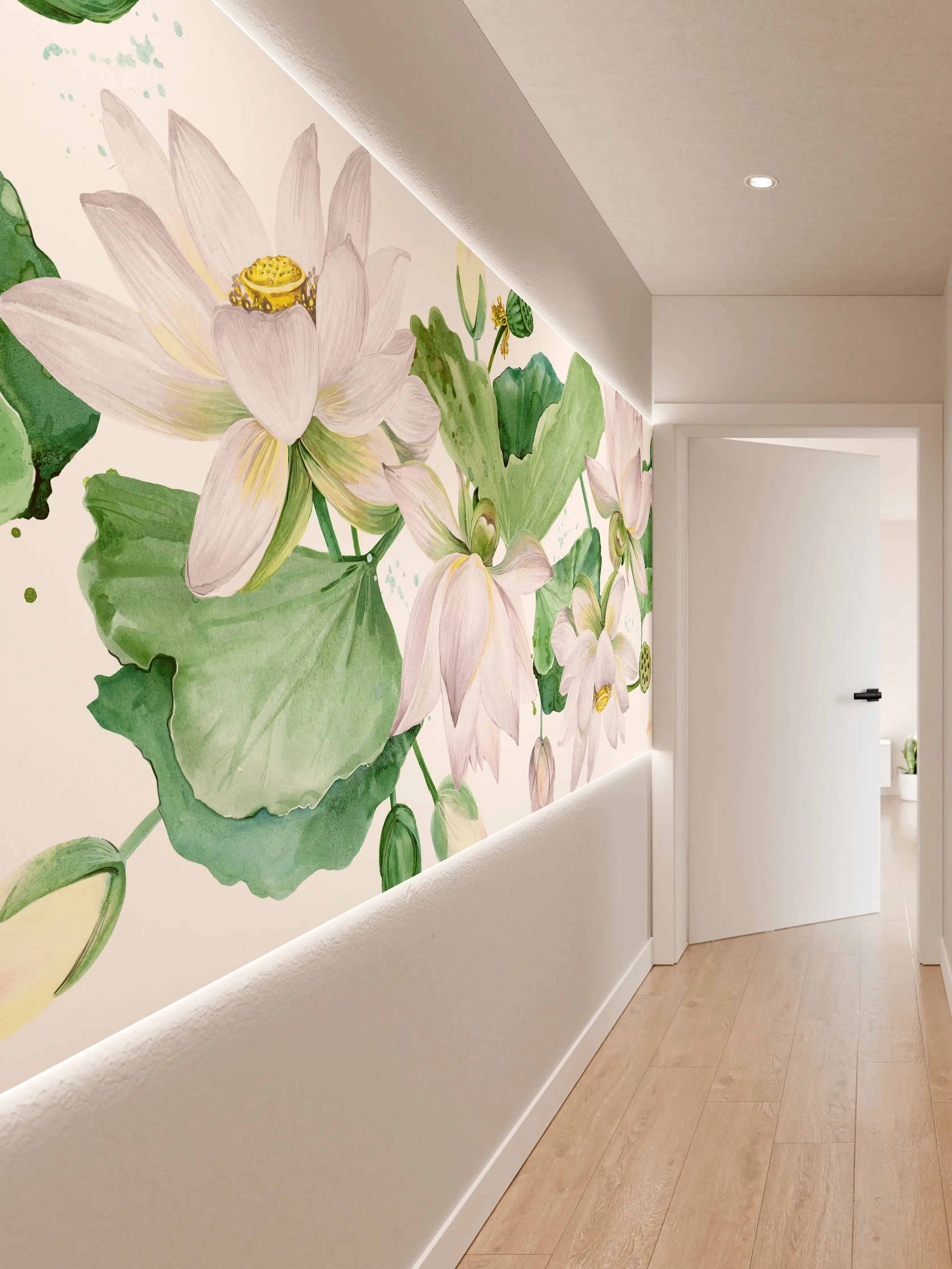 Wandverkleidung Flur - Weiße Lotusblumen - nahtlose Muster