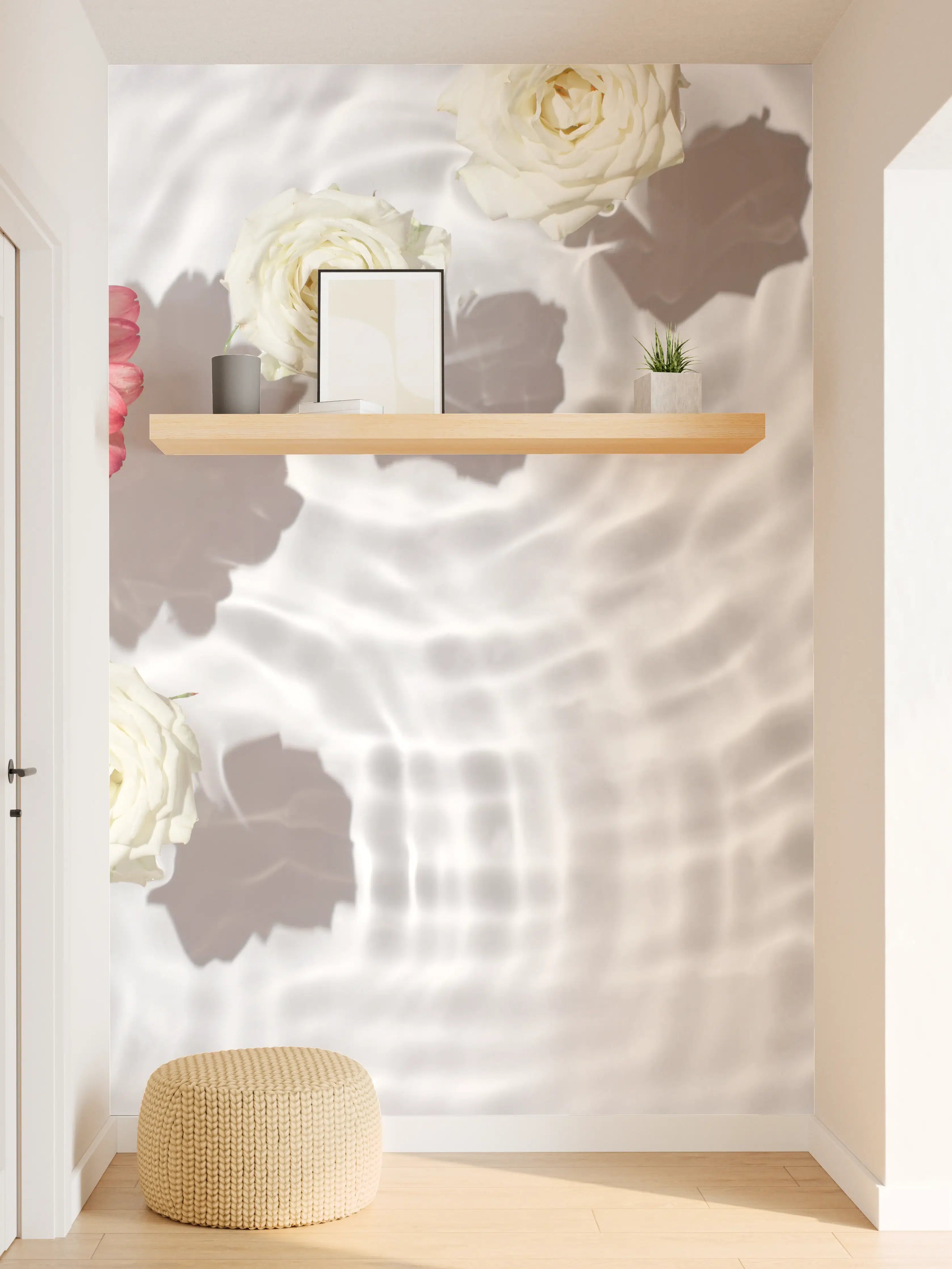 Wandverkleidung Flur - Weiße Wasserblumen mit Rosa-Akzent