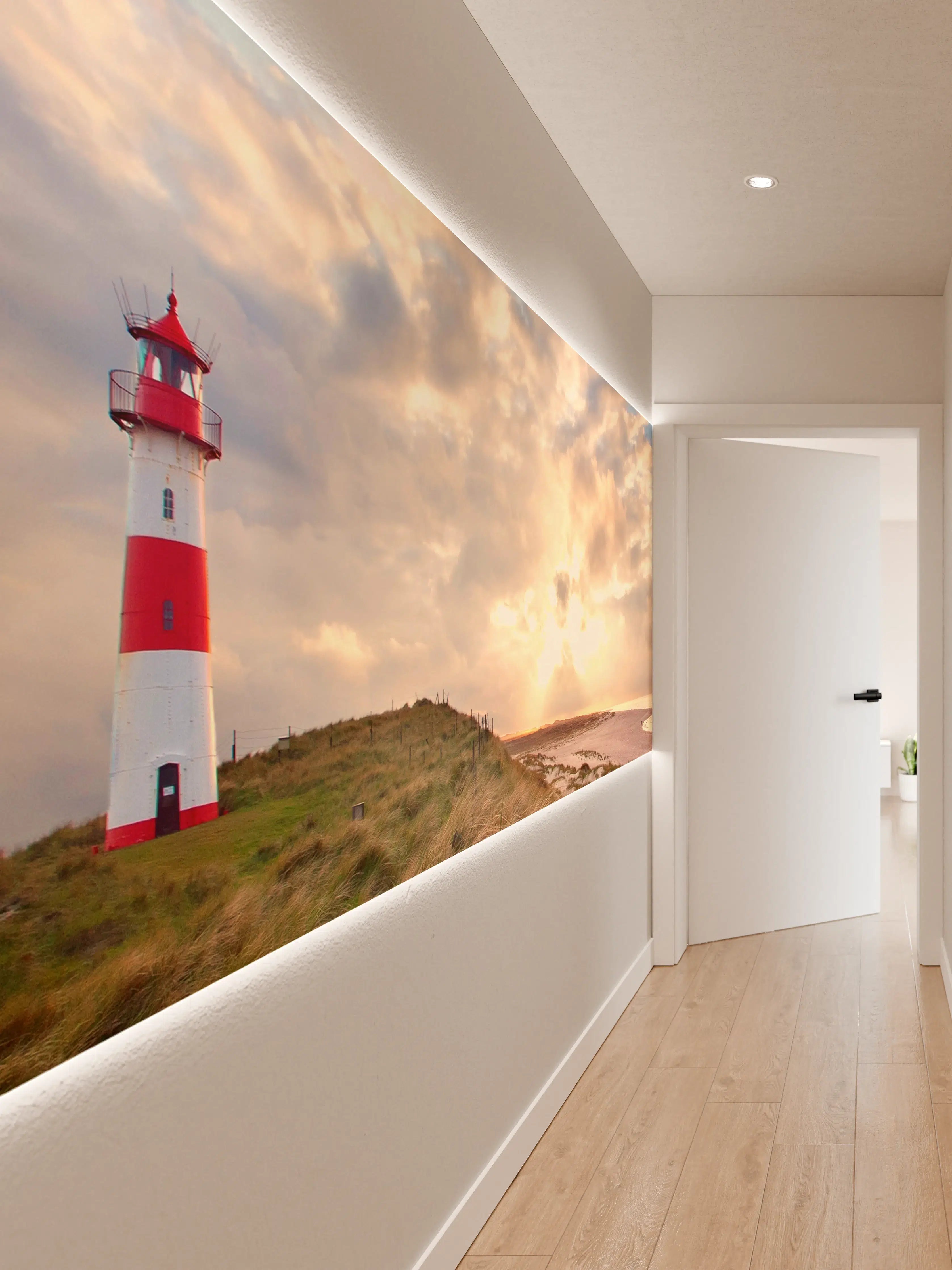 Wandverkleidung Flur - Weißer Leuchtturm im Nebellicht