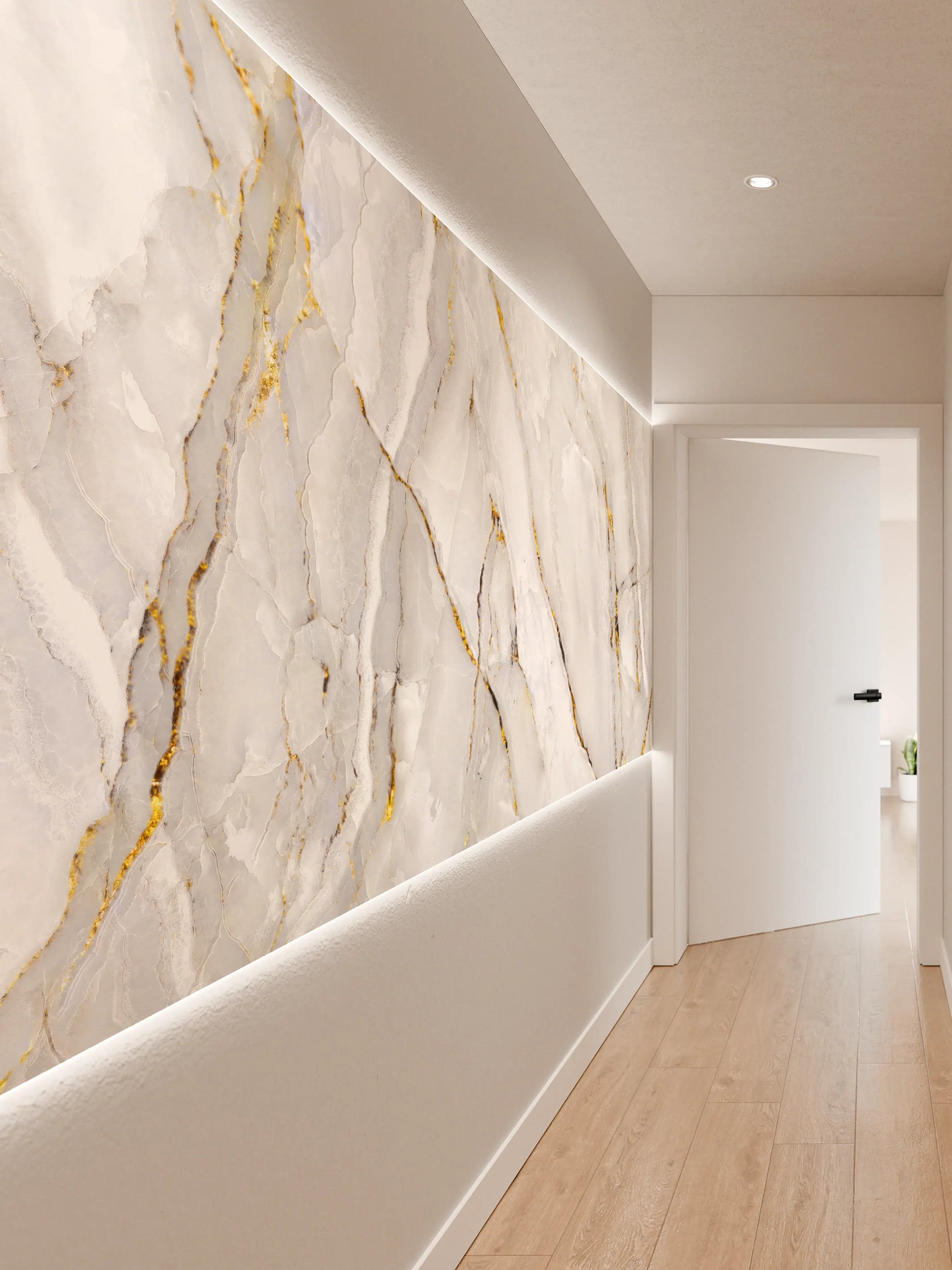 Wandverkleidung Flur - Weißer Statuario-Marmor mit goldene Adern