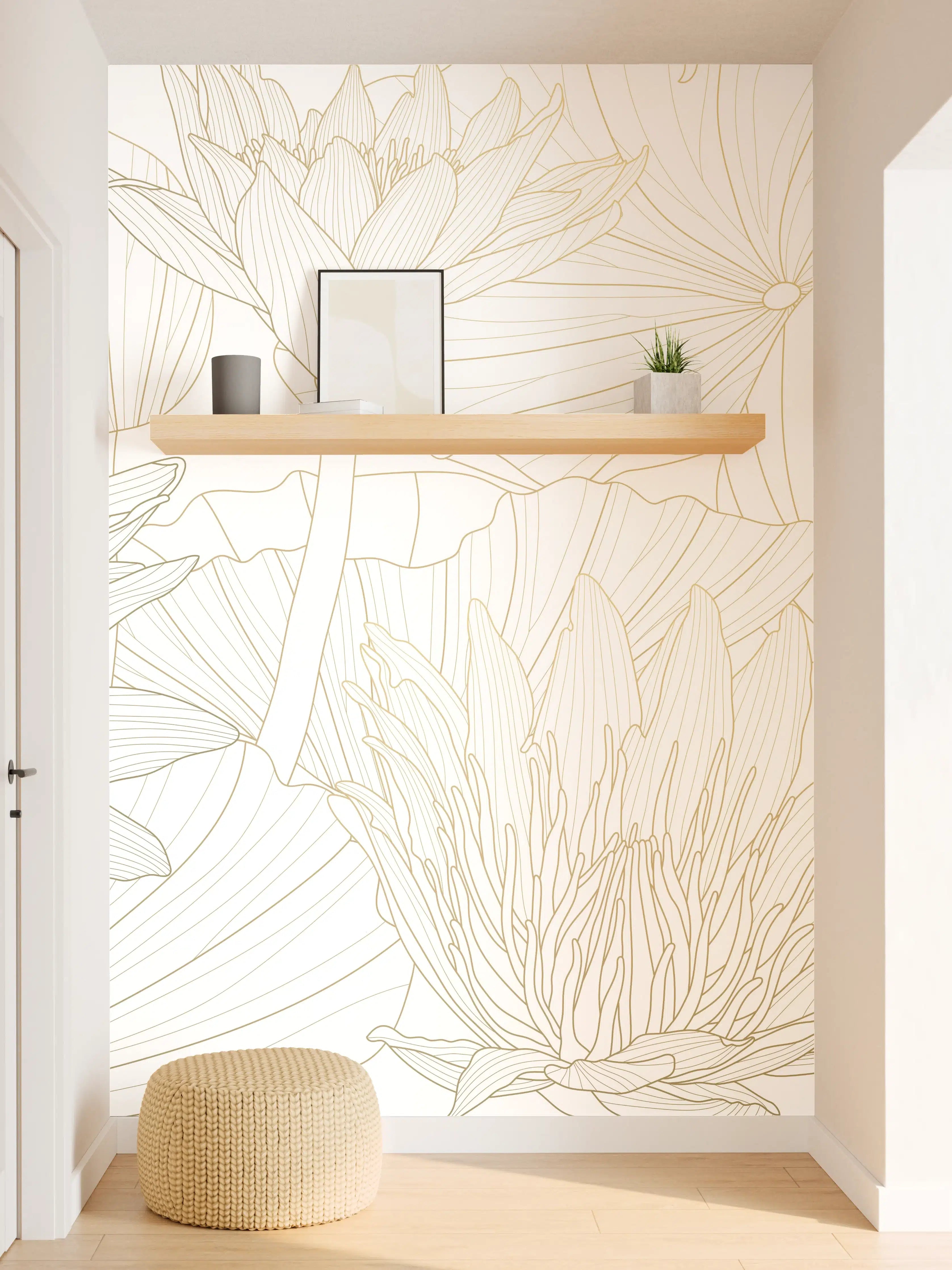 Wandverkleidung Flur - Weißes Floral-Linien Kunstwerk