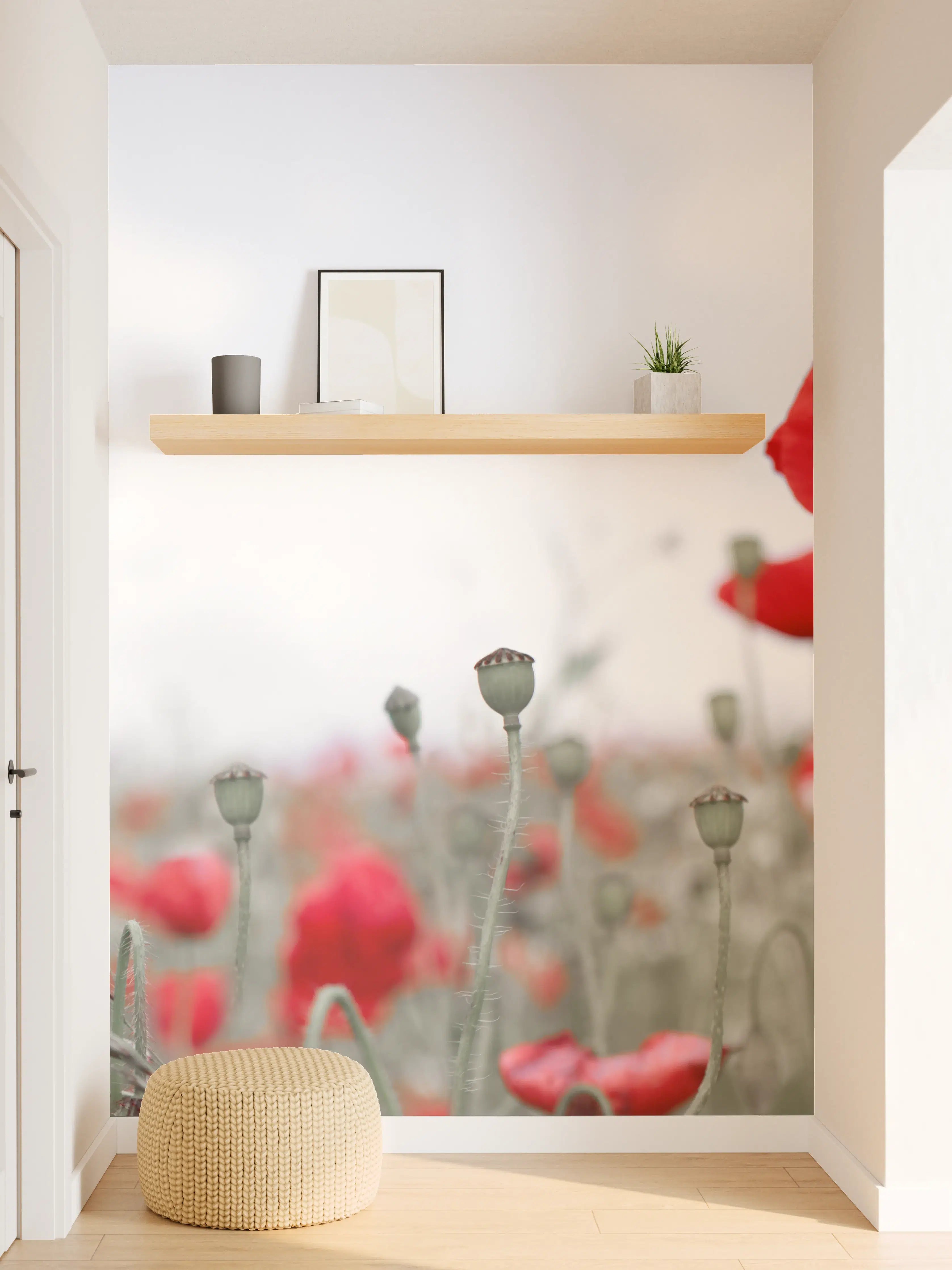 Wandverkleidung Flur - Weites rotes Mohnfeld Panorama