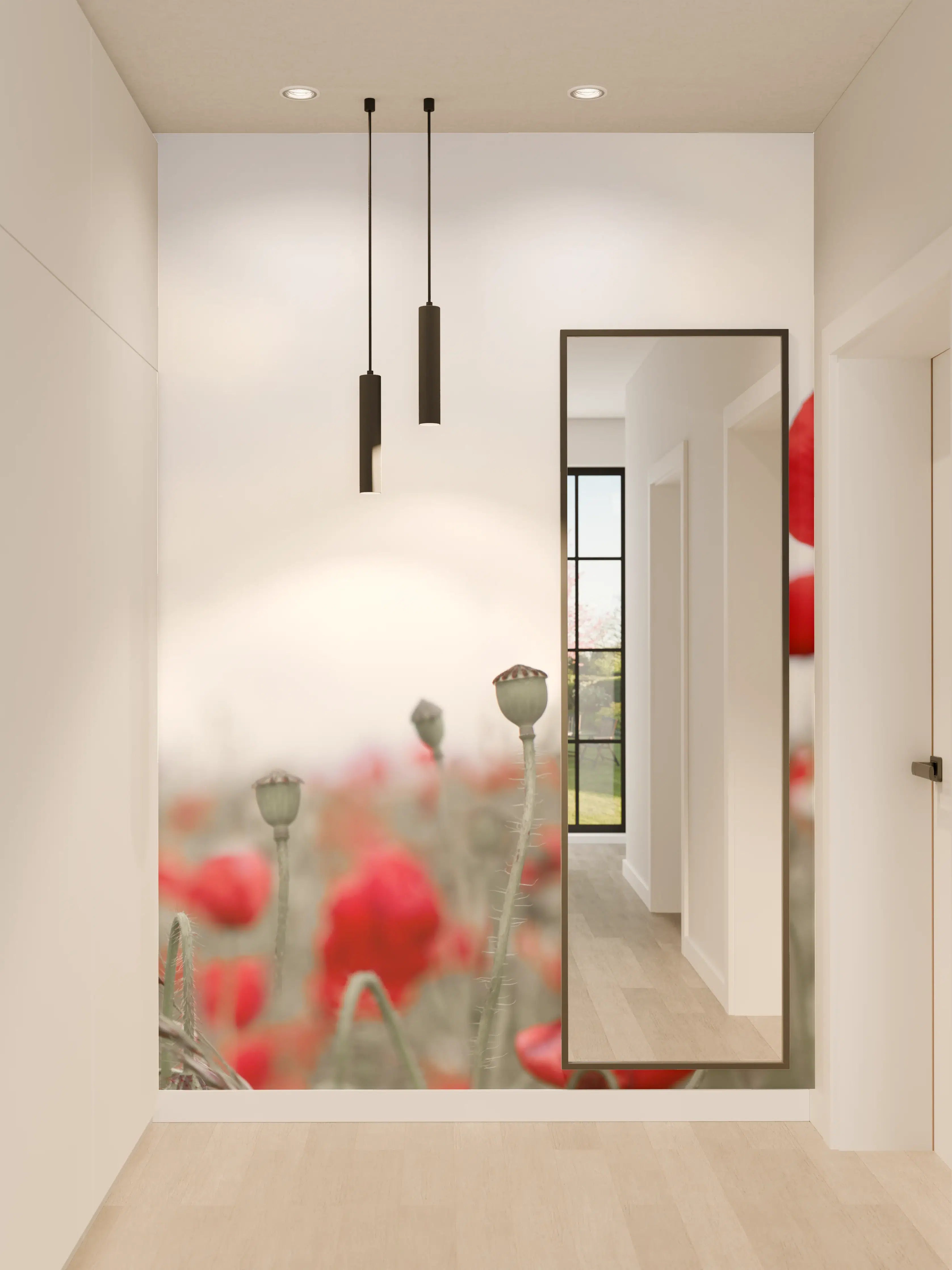 Wandverkleidung Flur - Weites rotes Mohnfeld Panorama