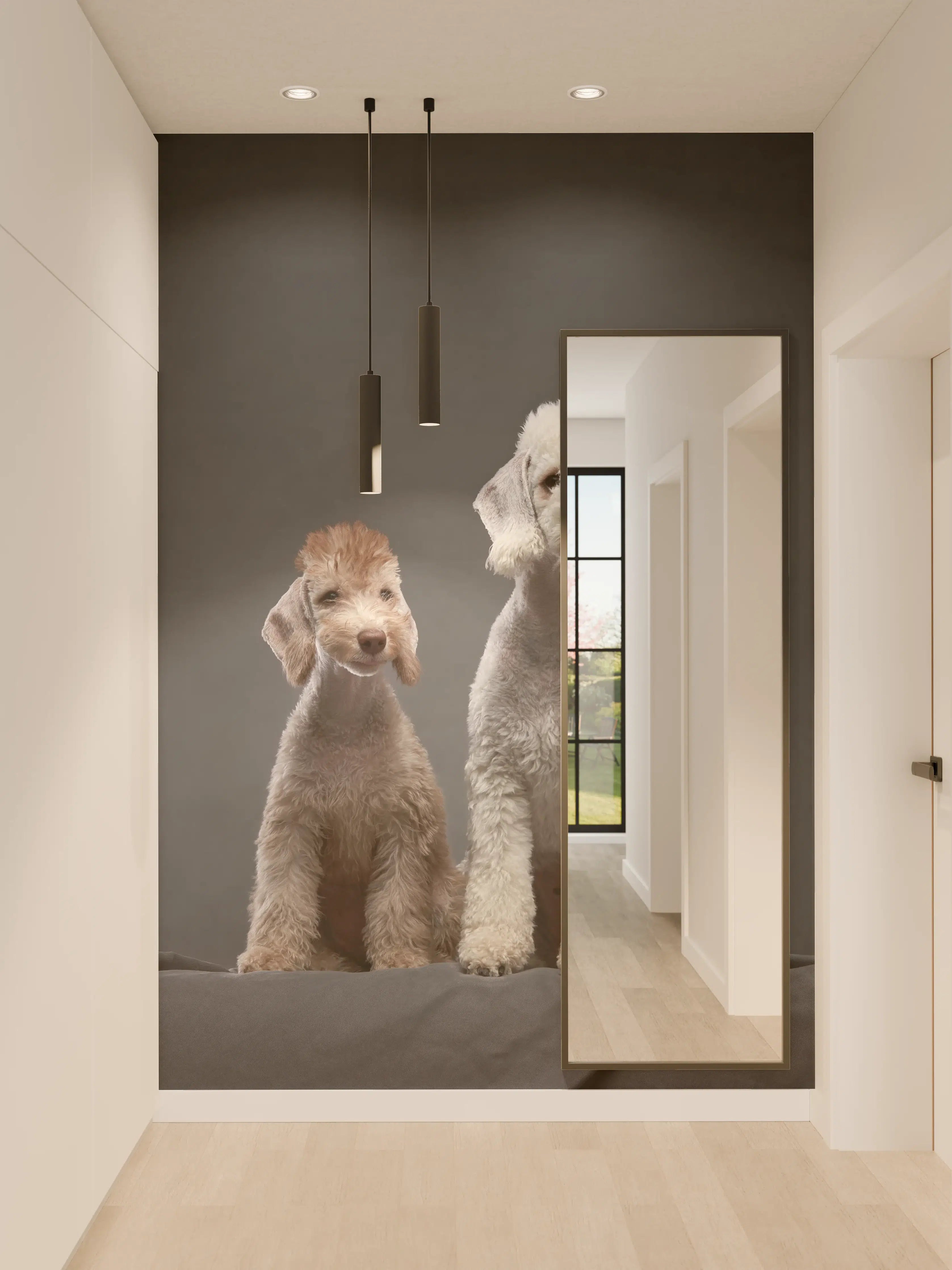 Wandverkleidung Flur - Welpe und erwachsener Bedlington Terrier