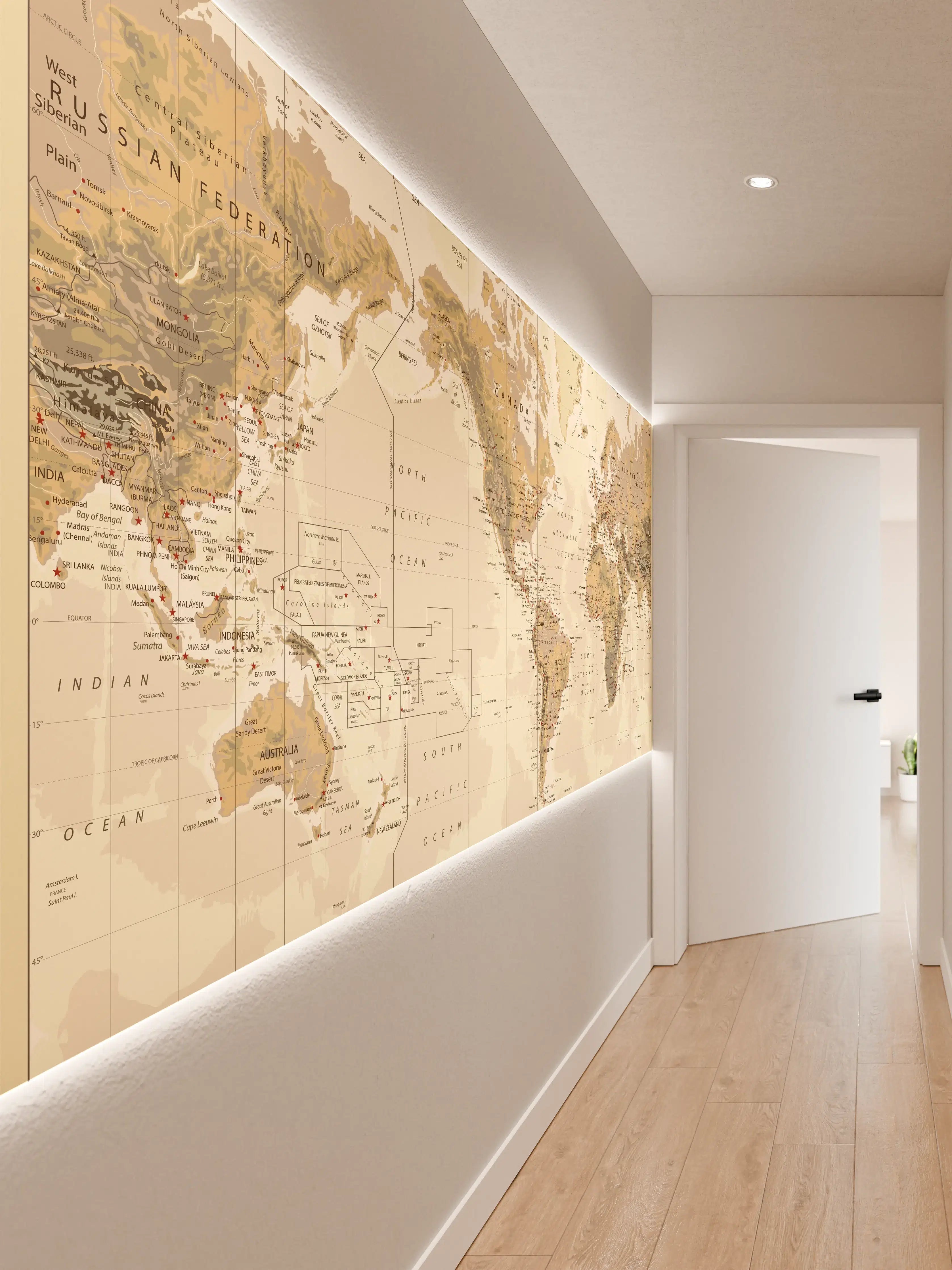 Wandverkleidung Flur - Weltkarte in Vintage-Tönen mit beige-braunen Akzenten